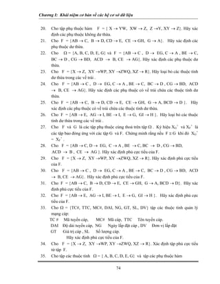 Chương I: Khái niệm cơ bản về các hệ cơ sở dữ liệu


20.    Cho tập phụ thuộc hàm F = { X → YW, XW → Z, Z →Y, XY → Z}. Hãy xác
       định các phụ thuộc không dư thừa.
21.    Cho F = {AB → C, B → D, CD → E, CE → GH, G → A}. Hãy xác định các
       phụ thuộc dư thừa.
22.    Cho Ω = {A, B, C, D, E, G} và F = {AB → C , D → EG, C → A , BE → C,
       BC → D , CG → BD, ACD → B, CE → AG}. Hãy xác định các phụ thuộc dư
       thừa.
23.    Cho F = {X → Z, XY →WP, XY →ZWQ, XZ → R}. Hãy loại bỏ các thuộc tính
       dư thừa trong các vế trái .
24.    Cho F = {AB → C , D → EG, C → A , BE → C, BC → D , CG → BD, ACD
       → B, CE → AG}. Hãy xác định các phụ thuộc có vế trái chứa các thuộc tính dư
       thừa.
25.    Cho F = {AB → C, B → D, CD → E, CE → GH, G → A, BCD → D }. Hãy
       xác định các phụ thuộc có vế trái chứa các thuộc tính dư thừa.
26.    Cho F = {AB → E, AG → I, BE → I, E → G, GI → H }. Hãy loại bỏ các thuộc
       tính dư thừa trong các vế trái .
27.    Cho F và G là các tập phụ thuộc cùng thoả trên tập Ω . Ký hiệu XG+ và XF+ là
       các tập bao đóng ứng với các tập G và F. Chứng minh rằng nếu F ≅ G khi đó XG+
       = XF+ .
28.    Cho F = {AB → C, D → EG, C → A , BE → C, BC → D , CG → BD,
       ACD → B , CE → AG }. Hãy xác định phủ cực tiểu của F.
29.    Cho F = {X → Z, XY →WP, XY →ZWQ, XZ → R}. Hãy xác định phủ cực tiểu
       của F.
30.    Cho F = {AB → C , D → EG, C → A , BE → C, BC → D , CG → BD, ACD
       → B, CE → AG}. Hãy xác định phủ cực tiểu của F.
31.    Cho F = {AB → C, B → D, CD → E, CE → GH, G → A, BCD → D}. Hãy xác
       định phủ cực tiểu của F.
32.    Cho F = {AB → E, AG → I, BE → I, E → G, GI → H }. Hãy xác định phủ cực
       tiểu của F.
33.    Cho Ω = {TC#, TTC, MC#, DAI, NG, GT, SL, DV} tập các thuộc tính quản lý
       mạng cáp:
      TC # Mã tuyến cáp,           MC# Mã cáp, TTC Tên tuyến cáp.
      DAI Độ dài tuyến cáp, NG Ngày lắp đặt cáp , DV Đơn vị lắp đặt
      GT      Giá trị cáp , SL Số lượng cáp.
                Hãy xác định phủ cực tiểu của F.
34.    Cho F = {X → Z, XY →WP, XY →ZWQ, XZ → R}. Xác định tập phủ cực tiểu
       từ tập F.
35.    Cho tập các thuộc tính Ω = { A, B, C, D, E, G} và tập các phụ thuộc hàm

                                         74
 