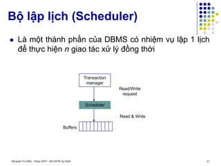 Hệ Quản Trị CSDL - Khoa CNTT - ĐH KHTN Tp.HCM 21
 Là một thành phần của DBMS có nhiệm vụ lập 1 lịch
để thực hiện n giao tác xử lý đồng thời
Bộ lập lịch (Scheduler)
Transaction
manager
Scheduler
Read/Write
request
Read & Write
Buffers
 