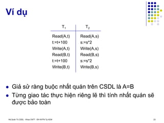 Hệ Quản Trị CSDL - Khoa CNTT - ĐH KHTN Tp.HCM 23
Ví dụ
T2
T1
Read(A,s)
s:=s*2
t:=t+100
Read(A,t)
t:=t+100
Write(A,t)
Read(B,t)
Write(B,t)
s:=s*2
Write(A,s)
Read(B,s)
Write(B,s)
 Giả sử ràng buộc nhất quán trên CSDL là A=B
 Từng giao tác thực hiện riêng lẽ thì tính nhất quán sẽ
được bảo toàn
 