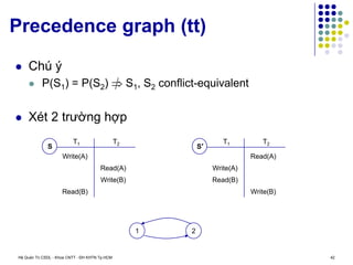 Hệ Quản Trị CSDL - Khoa CNTT - ĐH KHTN Tp.HCM 42
Precedence graph (tt)
 Chú ý
 P(S1) = P(S2)  S1, S2 conflict-equivalent
 Xét 2 trường hợp
T2
T1
Read(A)
Read(B)
Write(A)
Write(B)
S
T2
T1
Read(A)
Read(B)
Write(A)
Write(B)
S’
1 2
 
