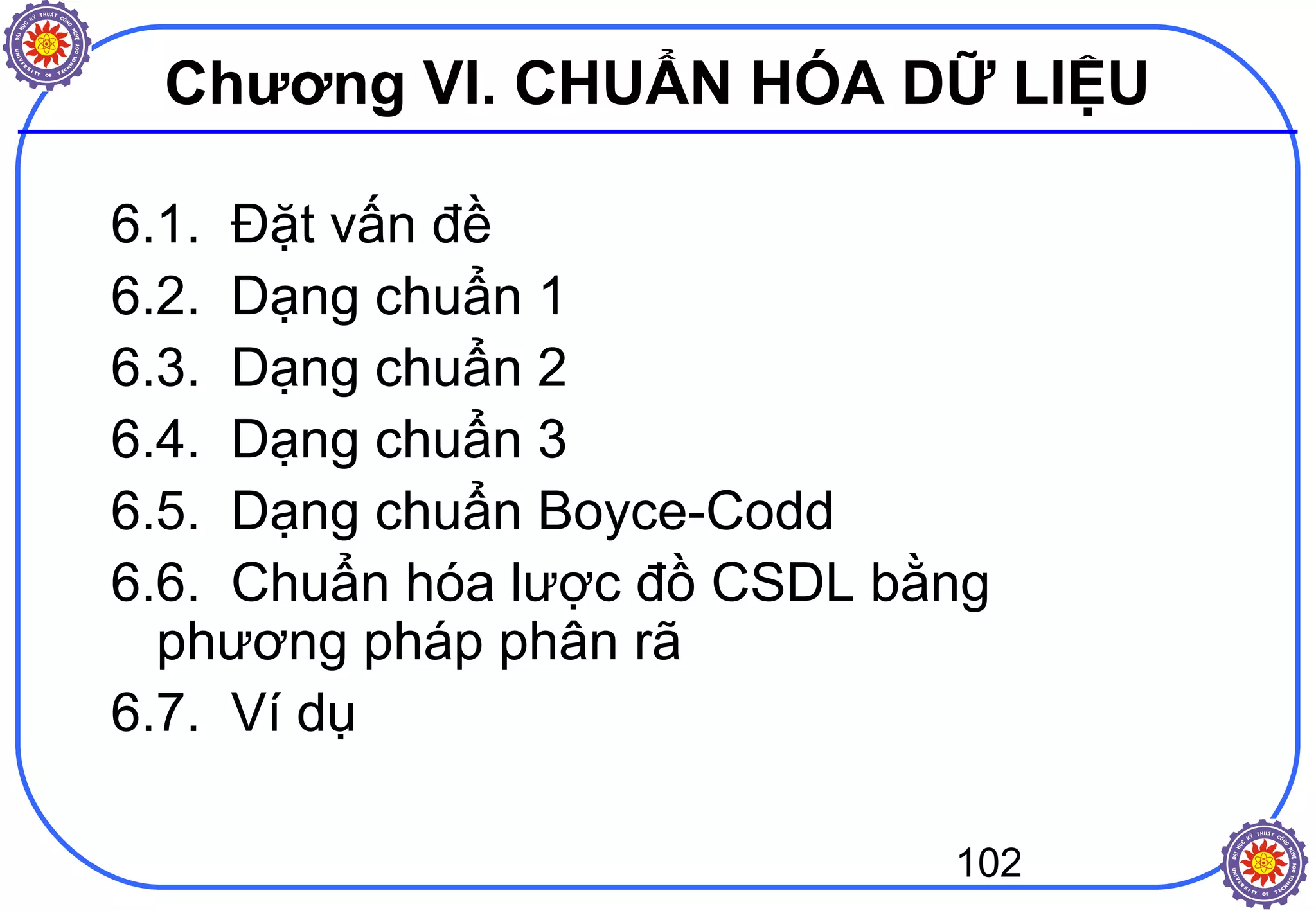 102
Chương VI. CHUẨN HÓA DỮ LIỆU
6.1. Đặt vấn đề
6.2. Dạng chuẩn 1
6.3. Dạng chuẩn 2
6.4. Dạng chuẩn 3
6.5. Dạng chuẩn Boyce-Codd
6.6. Chuẩn hóa lược đồ CSDL bằng
phương pháp phân rã
6.7. Ví dụ
 