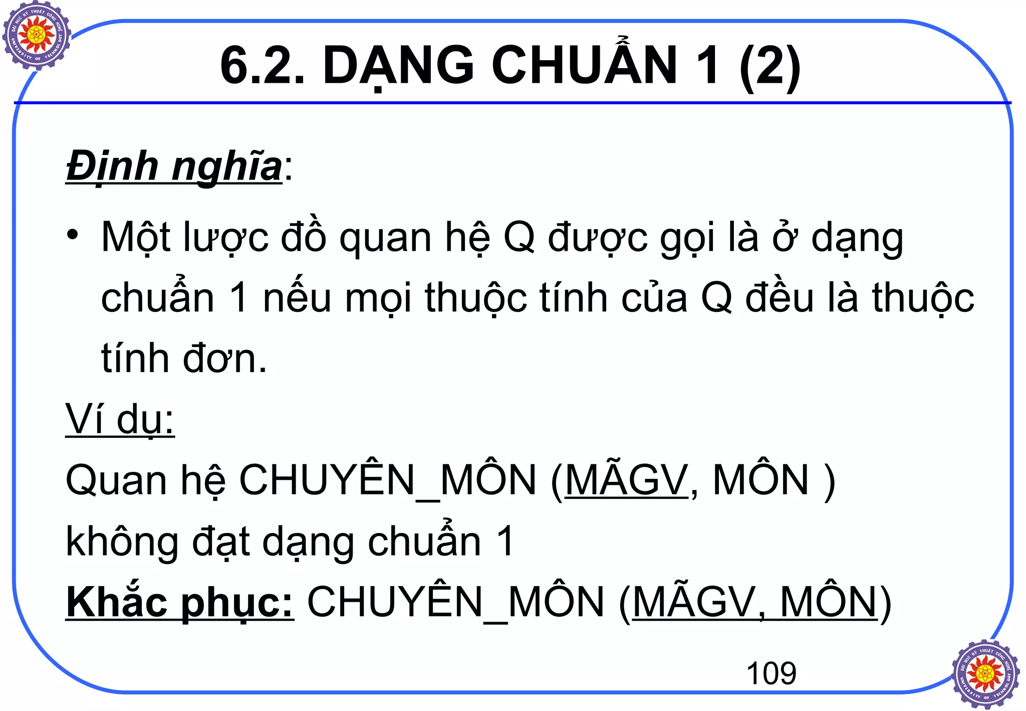 109
Định nghĩa:
• Một lược đồ quan hệ Q được gọi là ở dạng
chuẩn 1 nếu mọi thuộc tính của Q đều là thuộc
tính đơn.
Ví dụ:
Quan hệ CHUYÊN_MÔN (MÃGV, MÔN )
không đạt dạng chuẩn 1
Khắc phục: CHUYÊN_MÔN (MÃGV, MÔN)
6.2. DẠNG CHUẨN 1 (2)
 