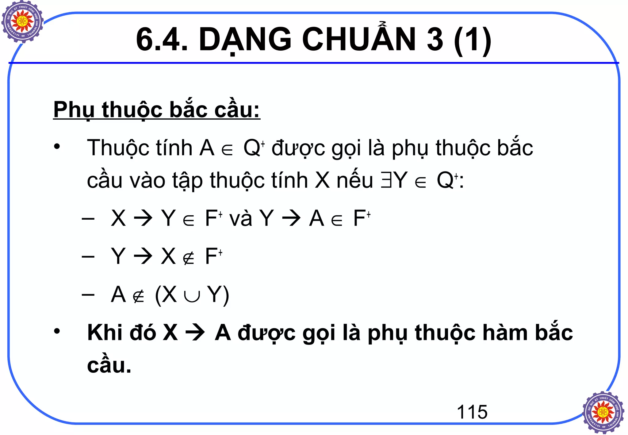 115
6.4. DẠNG CHUẨN 3 (1)
Phụ thuộc bắc cầu:
• Thuộc tính A ∈ Q+
được gọi là phụ thuộc bắc
cầu vào tập thuộc tính X nếu ∃Y ∈ Q+
:
– X  Y ∈ F+
và Y  A ∈ F+
– Y  X ∉ F+
– A ∉ (X ∪ Y)
• Khi đó X  A được gọi là phụ thuộc hàm bắc
cầu.
 