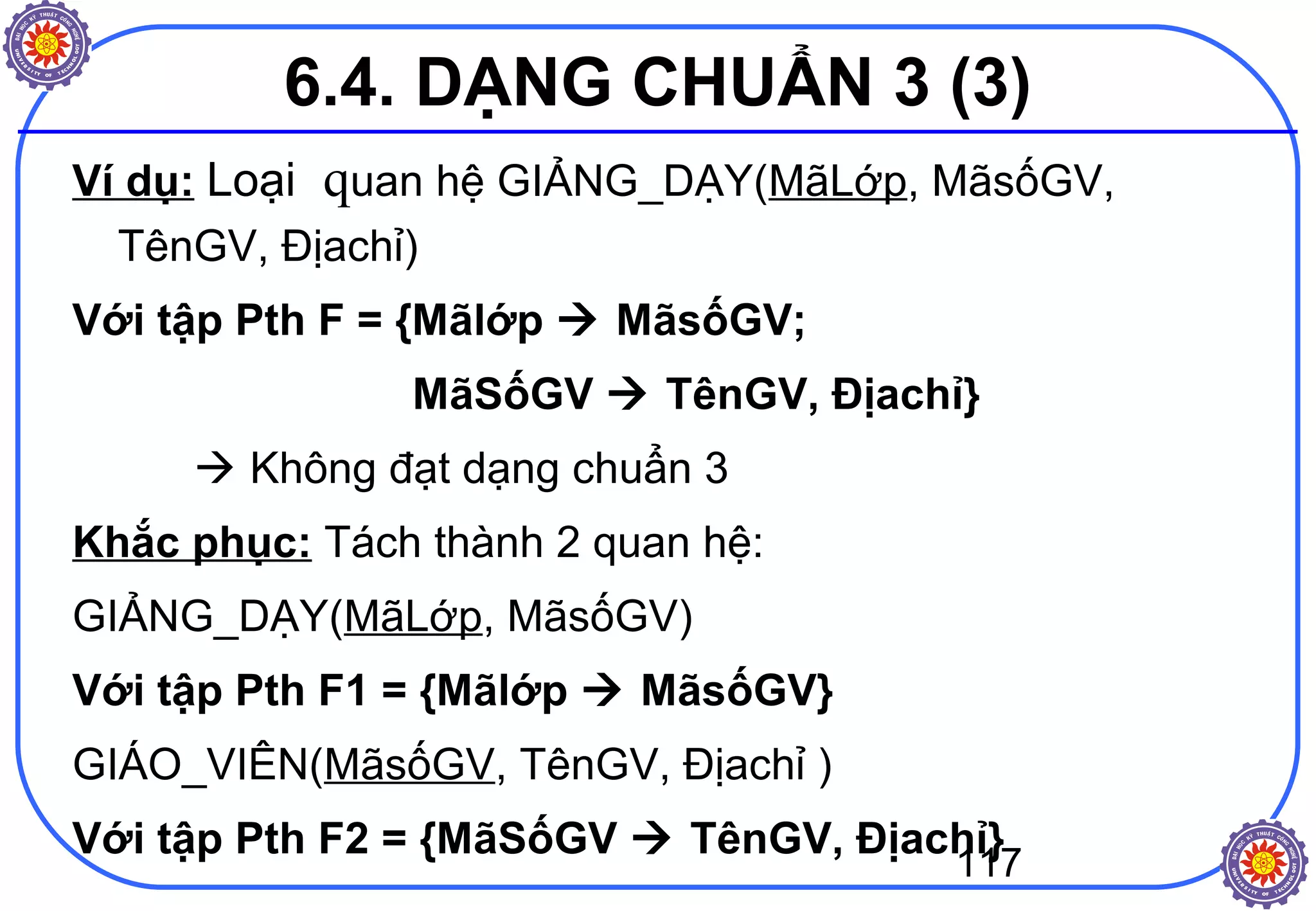 117
Ví dụ: Loại quan hệ GIẢNG_DẠY(MãLớp, MãsốGV,
TênGV, Địachỉ)
Với tập Pth F = {Mãlớp  MãsốGV;
MãSốGV  TênGV, Địachỉ}
 Không đạt dạng chuẩn 3
Khắc phục: Tách thành 2 quan hệ:
GIẢNG_DẠY(MãLớp, MãsốGV)
Với tập Pth F1 = {Mãlớp  MãsốGV}
GIÁO_VIÊN(MãsốGV, TênGV, Địachỉ )
Với tập Pth F2 = {MãSốGV  TênGV, Địachỉ}
6.4. DẠNG CHUẨN 3 (3)
 