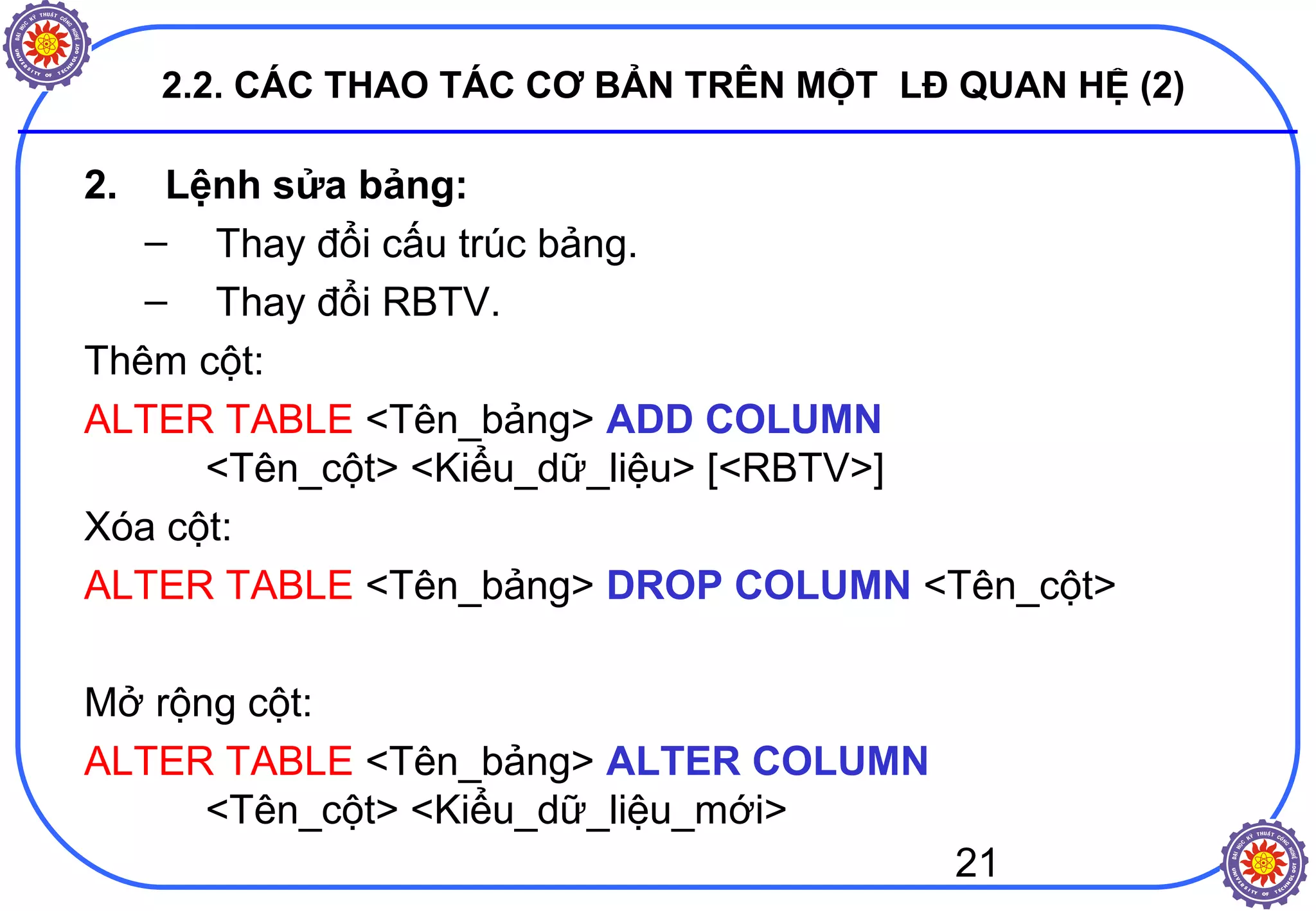 21
2.2. CÁC THAO TÁC CƠ BẢN TRÊN MỘT LĐ QUAN HỆ (2)
2. Lệnh sửa bảng:
– Thay đổi cấu trúc bảng.
– Thay đổi RBTV.
Thêm cột:
ALTER TABLE <Tên_bảng> ADD COLUMN
<Tên_cột> <Kiểu_dữ_liệu> [<RBTV>]
Xóa cột:
ALTER TABLE <Tên_bảng> DROP COLUMN <Tên_cột>
Mở rộng cột:
ALTER TABLE <Tên_bảng> ALTER COLUMN
<Tên_cột> <Kiểu_dữ_liệu_mới>
 