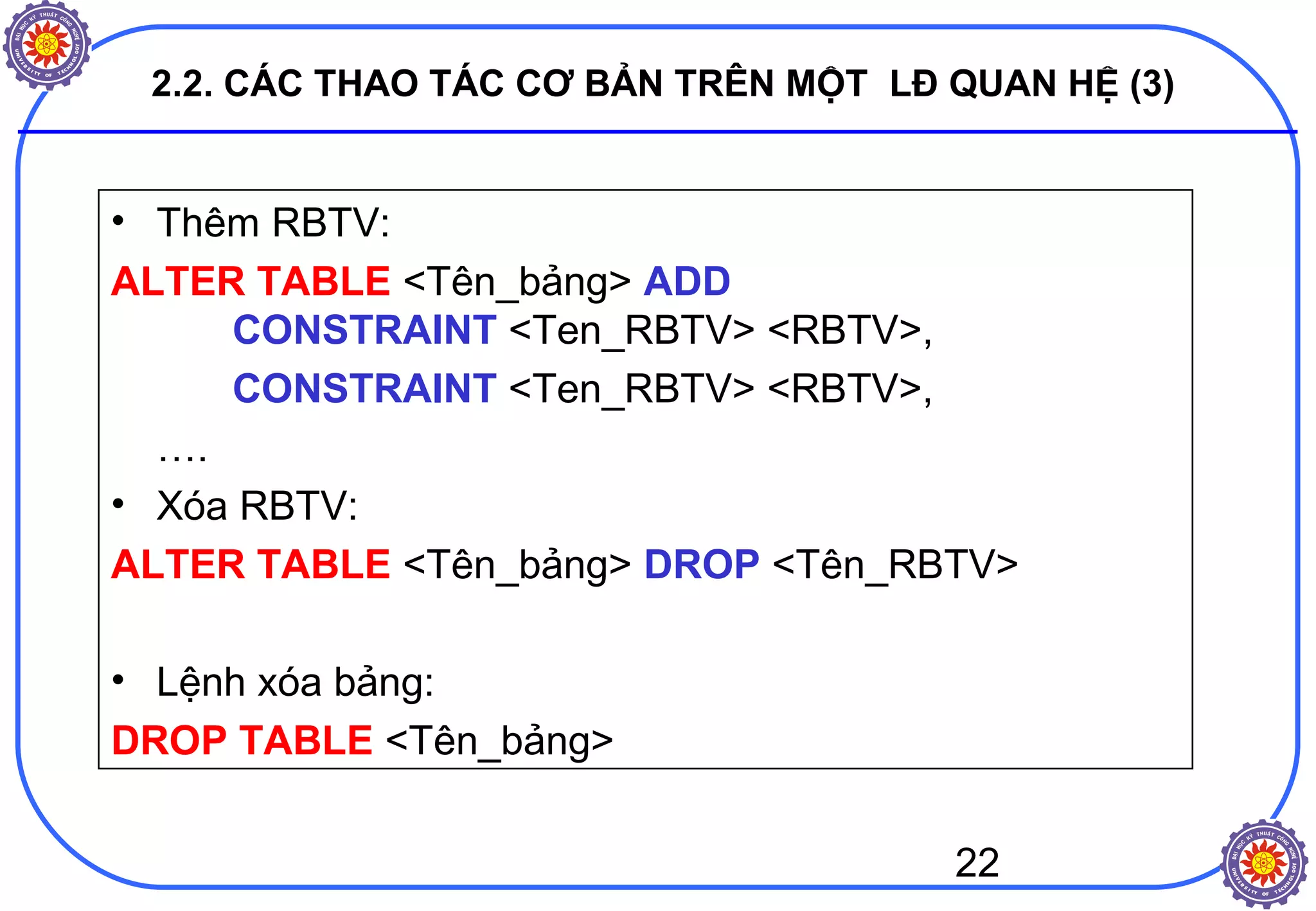 22
2.2. CÁC THAO TÁC CƠ BẢN TRÊN MỘT LĐ QUAN HỆ (3)
• Thêm RBTV:
ALTER TABLE <Tên_bảng> ADD
CONSTRAINT <Ten_RBTV> <RBTV>,
CONSTRAINT <Ten_RBTV> <RBTV>,
….
• Xóa RBTV:
ALTER TABLE <Tên_bảng> DROP <Tên_RBTV>
• Lệnh xóa bảng:
DROP TABLE <Tên_bảng>
 