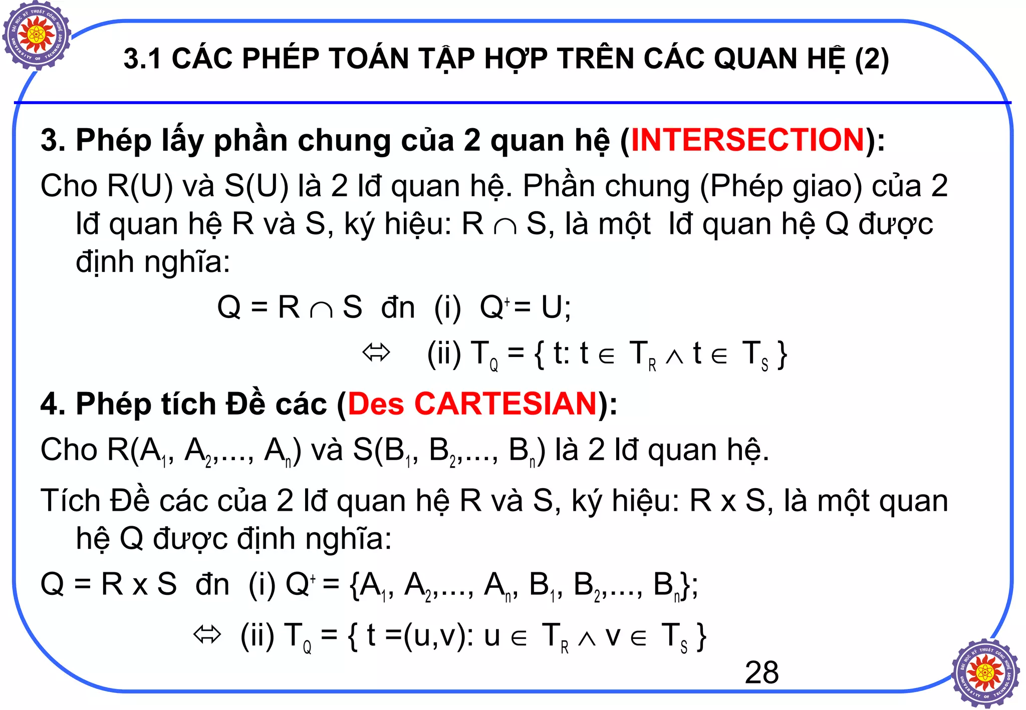 28
3.1 CÁC PHÉP TOÁN TẬP HỢP TRÊN CÁC QUAN HỆ (2)
3. Phép lấy phần chung của 2 quan hệ (INTERSECTION):
Cho R(U) và S(U) là 2 lđ quan hệ. Phần chung (Phép giao) của 2
lđ quan hệ R và S, ký hiệu: R ∩ S, là một lđ quan hệ Q được
định nghĩa:
Q = R ∩ S đn (i) Q+
= U;
 (ii) TQ = { t: t ∈ TR ∧ t ∈ TS }
4. Phép tích Đề các (Des CARTESIAN):
Cho R(A1, A2,..., An) và S(B1, B2,..., Bn) là 2 lđ quan hệ.
Tích Đề các của 2 lđ quan hệ R và S, ký hiệu: R x S, là một quan
hệ Q được định nghĩa:
Q = R x S đn (i) Q+
= {A1, A2,..., An, B1, B2,..., Bn};
 (ii) TQ = { t =(u,v): u ∈ TR ∧ v ∈ TS }
 