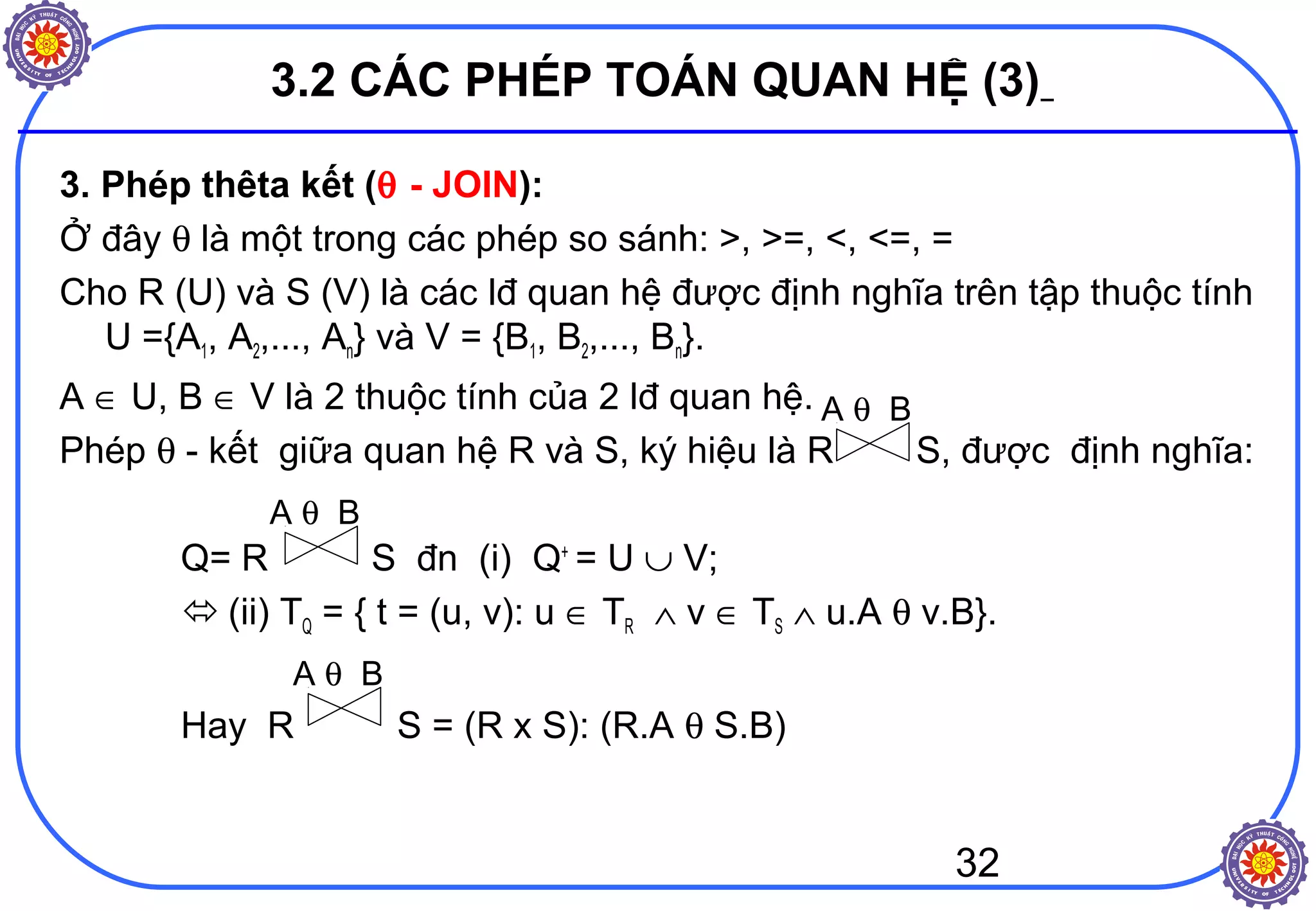 32
3.2 CÁC PHÉP TOÁN QUAN HỆ (3)
3. Phép thêta kết (θ - JOIN):
Ở đây θ là một trong các phép so sánh: >, >=, <, <=, =
Cho R (U) và S (V) là các lđ quan hệ được định nghĩa trên tập thuộc tính
U ={A1, A2,..., An} và V = {B1, B2,..., Bn}.
A ∈ U, B ∈ V là 2 thuộc tính của 2 lđ quan hệ.
Phép θ - kết giữa quan hệ R và S, ký hiệu là R S, được định nghĩa:
Q= R S đn (i) Q+
= U ∪ V;
 (ii) TQ = { t = (u, v): u ∈ TR ∧ v ∈ TS ∧ u.A θ v.B}.
Hay R S = (R x S): (R.A θ S.B)
A θ B
A θ B
A θ B
 