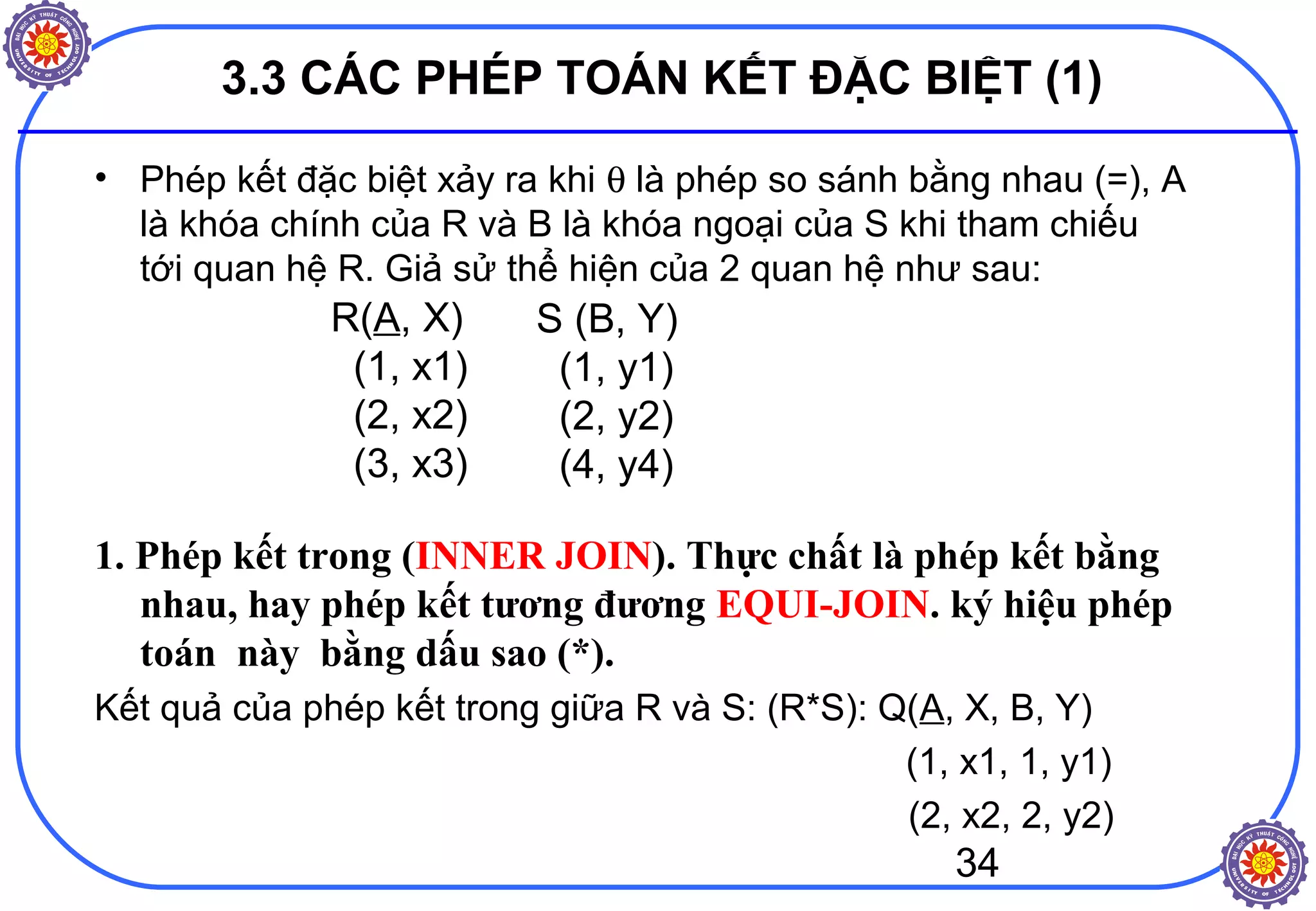 34
3.3 CÁC PHÉP TOÁN KẾT ĐẶC BIỆT (1)
• Phép kết đặc biệt xảy ra khi θ là phép so sánh bằng nhau (=), A
là khóa chính của R và B là khóa ngoại của S khi tham chiếu
tới quan hệ R. Giả sử thể hiện của 2 quan hệ như sau:
1. Phép kết trong (INNER JOIN). Thực chất là phép kết bằng
nhau, hay phép kết tương đương EQUI-JOIN. ký hiệu phép
toán này bằng dấu sao (*).
Kết quả của phép kết trong giữa R và S: (R*S): Q(A, X, B, Y)
(1, x1, 1, y1)
(2, x2, 2, y2)
R(A, X)
(1, x1)
(2, x2)
(3, x3)
S (B, Y)
(1, y1)
(2, y2)
(4, y4)
 