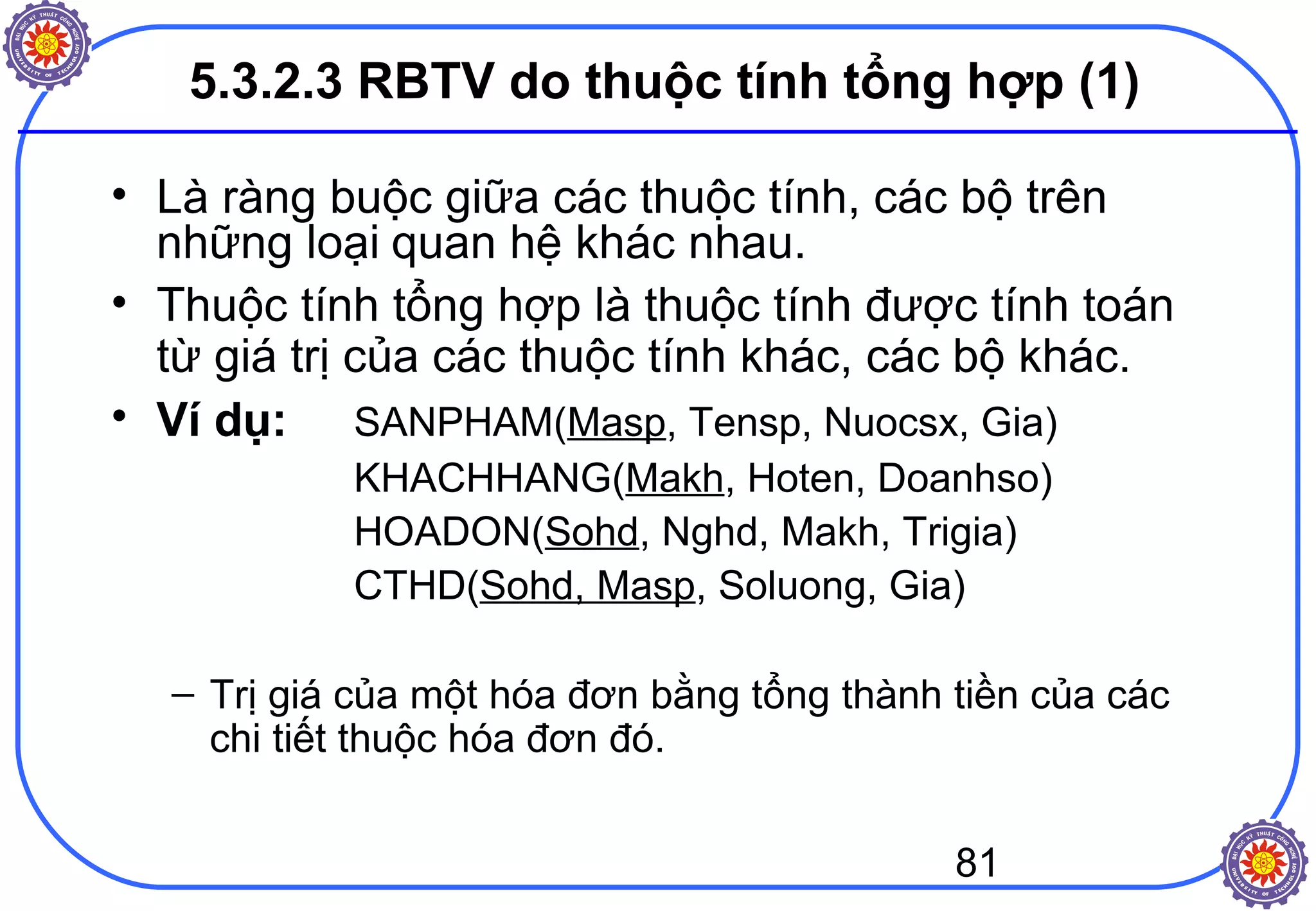 81
5.3.2.3 RBTV do thuộc tính tổng hợp (1)
• Là ràng buộc giữa các thuộc tính, các bộ trên
những loại quan hệ khác nhau.
• Thuộc tính tổng hợp là thuộc tính được tính toán
từ giá trị của các thuộc tính khác, các bộ khác.
• Ví dụ: SANPHAM(Masp, Tensp, Nuocsx, Gia)
KHACHHANG(Makh, Hoten, Doanhso)
HOADON(Sohd, Nghd, Makh, Trigia)
CTHD(Sohd, Masp, Soluong, Gia)
– Trị giá của một hóa đơn bằng tổng thành tiền của các
chi tiết thuộc hóa đơn đó.
 