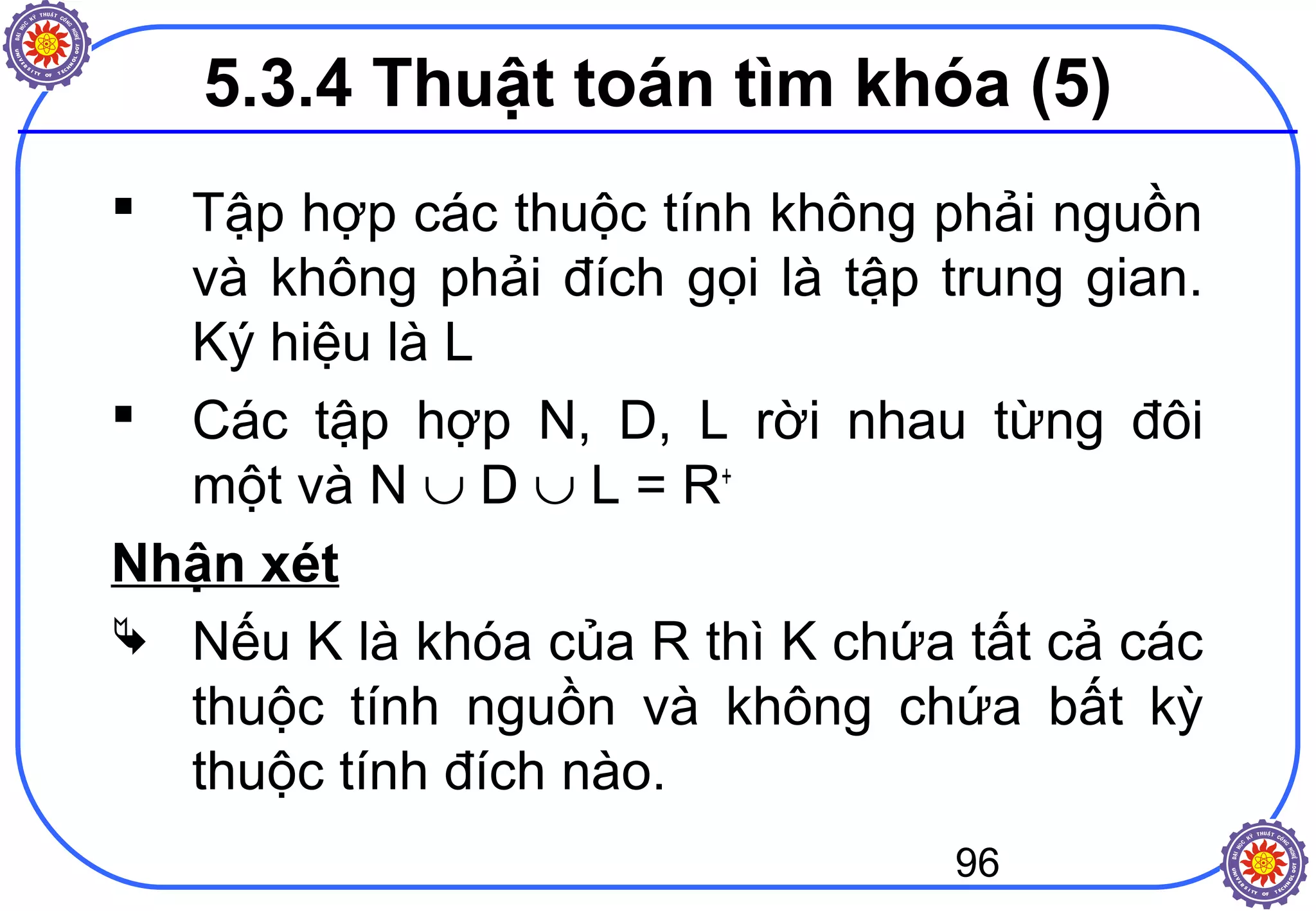 96
 Tập hợp các thuộc tính không phải nguồn
và không phải đích gọi là tập trung gian.
Ký hiệu là L
 Các tập hợp N, D, L rời nhau từng đôi
một và N ∪ D ∪ L = R+
Nhận xét
 Nếu K là khóa của R thì K chứa tất cả các
thuộc tính nguồn và không chứa bất kỳ
thuộc tính đích nào.
5.3.4 Thuật toán tìm khóa (5)
 