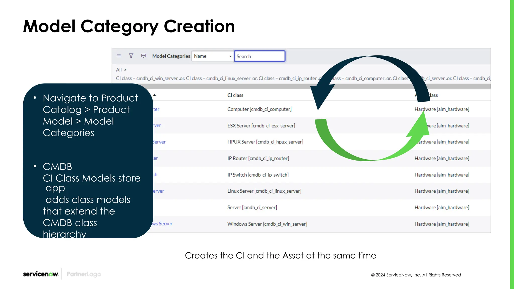 © 2024 ServiceNow, Inc. All Rights Reserved
Model Category Creation
• Navigate to Product
Catalog > Product
Model > Model
Categories
• CMDB
CI Class Models store
app
adds class models
that extend the
CMDB class
hierarchy
Creates the CI and the Asset at the same time
 