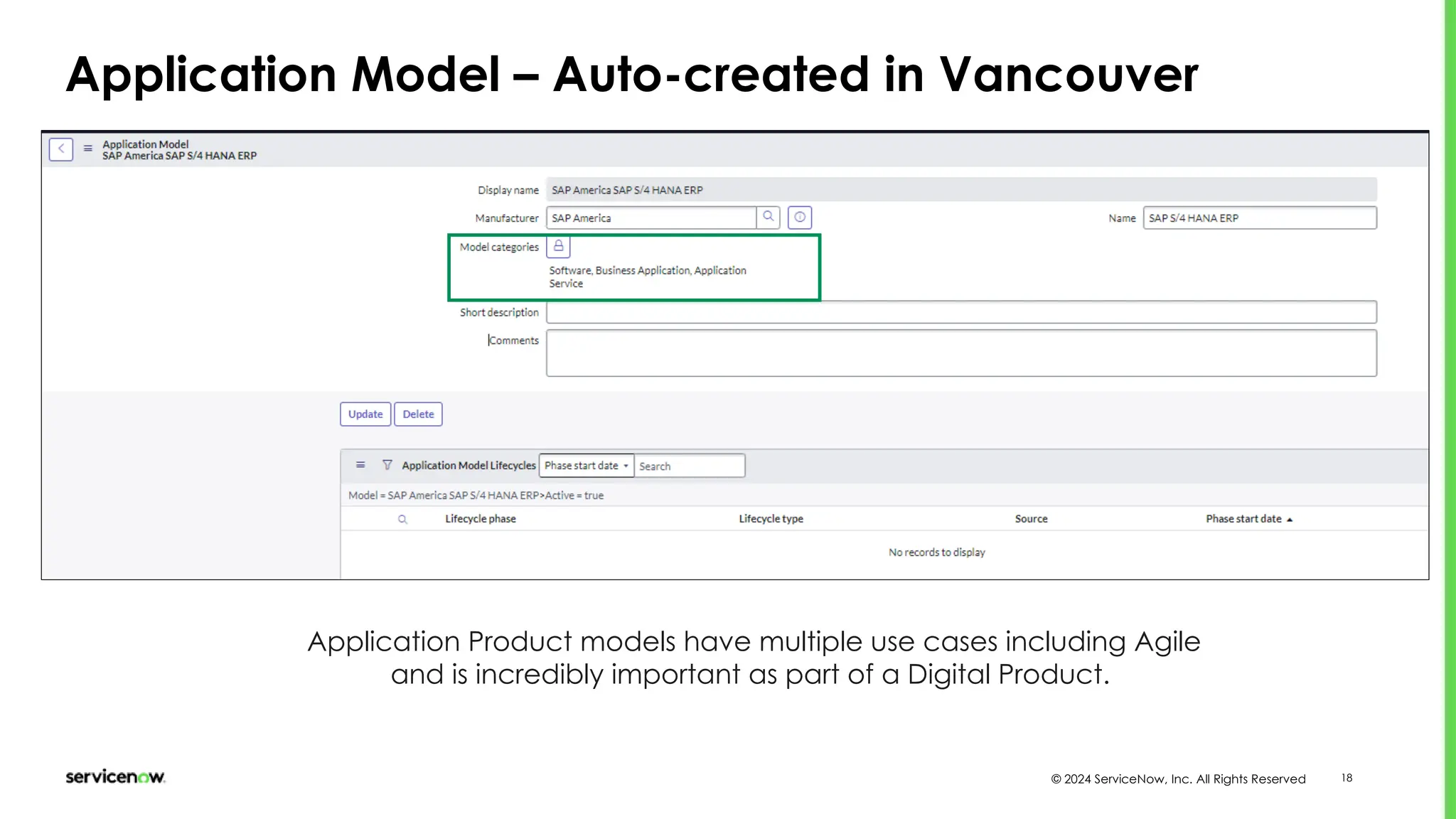 © 2024 ServiceNow, Inc. All Rights Reserved 18
Application Model – Auto-created in Vancouver
Application Product models have multiple use cases including Agile
and is incredibly important as part of a Digital Product.
 
