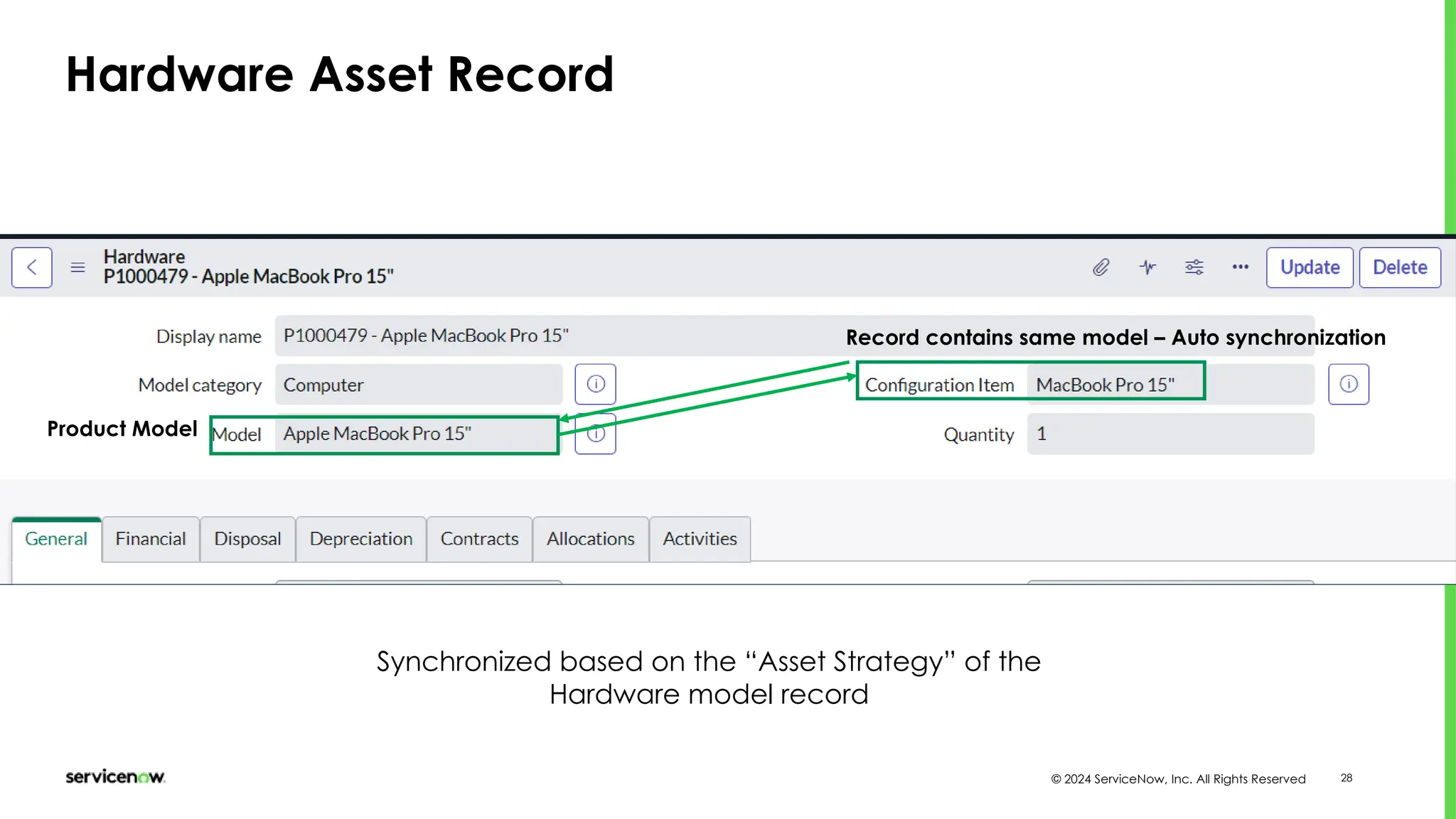 © 2024 ServiceNow, Inc. All Rights Reserved 28
Hardware Asset Record
Product Model
Record contains same model – Auto synchronization
Synchronized based on the “Asset Strategy” of the
Hardware model record
 