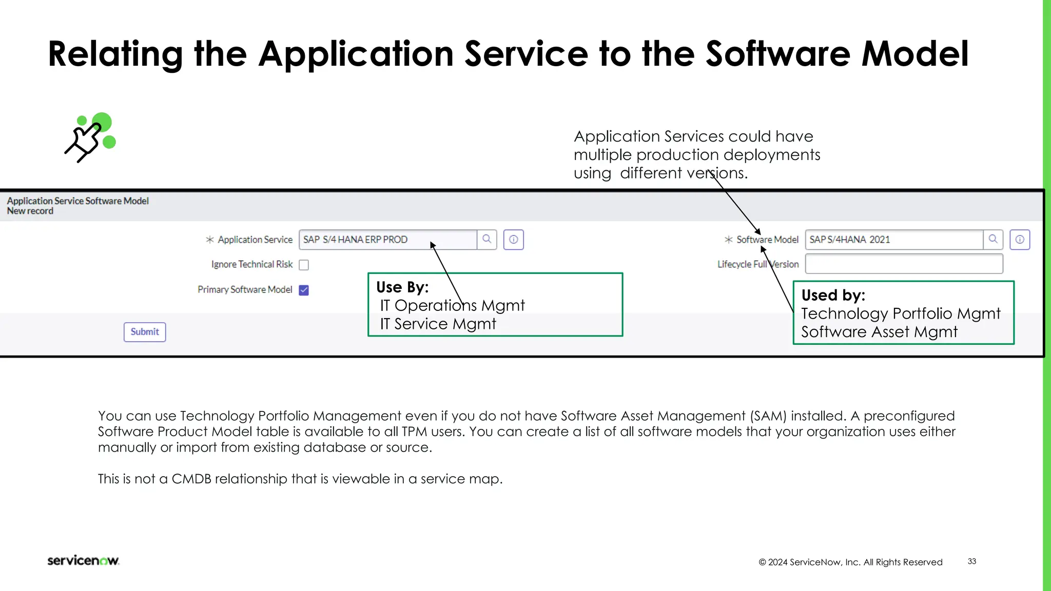 © 2024 ServiceNow, Inc. All Rights Reserved 33
Relating the Application Service to the Software Model
You can use Technology Portfolio Management even if you do not have Software Asset Management (SAM) installed. A preconfigured
Software Product Model table is available to all TPM users. You can create a list of all software models that your organization uses either
manually or import from existing database or source.
This is not a CMDB relationship that is viewable in a service map.
Application Services could have
multiple production deployments
using different versions.
Use By:
IT Operations Mgmt
IT Service Mgmt
Used by:
Technology Portfolio Mgmt
Software Asset Mgmt
 