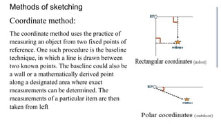 Methods of sketching
Coordinate method:
The coordinate method uses the practice of
measuring an object from two fixed points of
reference. One such procedure is the baseline
technique, in which a line is drawn between
two known points. The baseline could also be
a wall or a mathematically derived point
along a designated area where exact
measurements can be determined. The
measurements of a particular item are then
taken from left
 