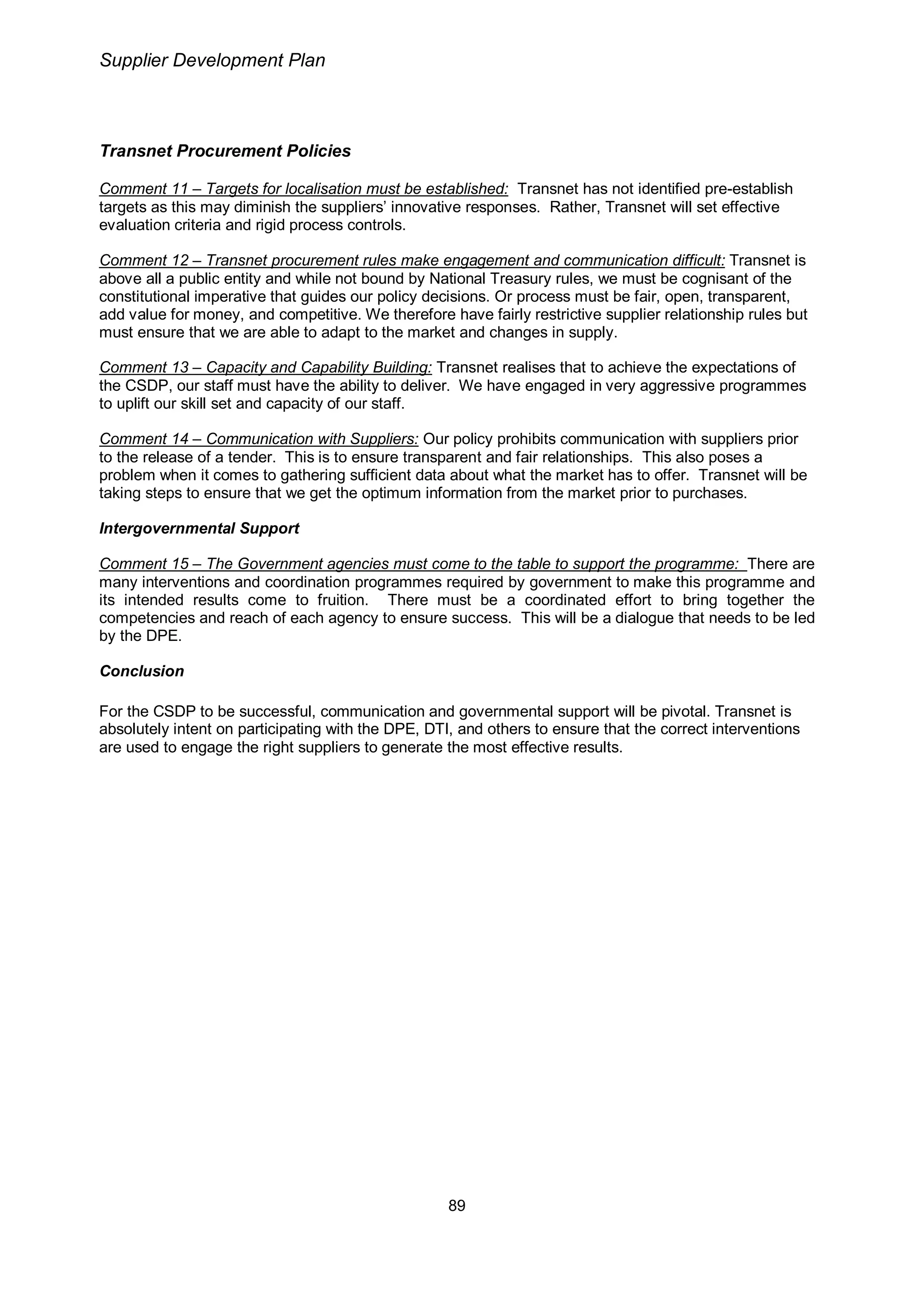 Transnet Supplier Development Plan