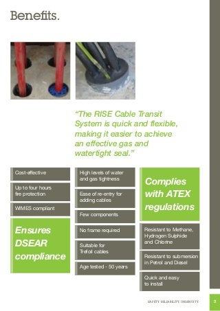 Benefits.

“The RISE Cable Transit
System is quick and flexible,
making it easier to achieve
an effective gas and
watertig...