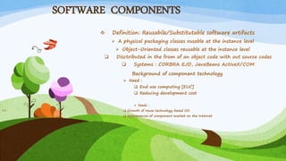 SOFTWARE COMPONENTS
 Definition: Reusabile/Substitutable software artifacts
 A physical packaging classes rusable at the instance level
 Object-Oriented classes reusable at the instance level
 Disctributed in the from of an object code with out source codes
 Systems : CORBRA EJD, JavaBeans ActiveX/COM
Background of component technology
 Need :
 End use computing [EUC]
 Reducing development cost
 Seeds :
 Growth of reuse technology based OO
 Appearances of component market on the Internet
11
 