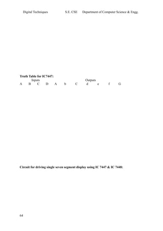 Digital Techniques S.E. CSE Department of Computer Science & Engg. 
Truth Table for IC7447: 
Inputs Outputs 
A B C D A b C d e f G 
Circuit for driving single seven segment display using IC 7447 & IC 7448: 
64 
 