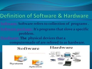Software: Software refers to collection of programs .
Software package: It’s programs that slove a specific
problem.
Hardware: The physical devices that a
computermade of are refered to as hardware.
 