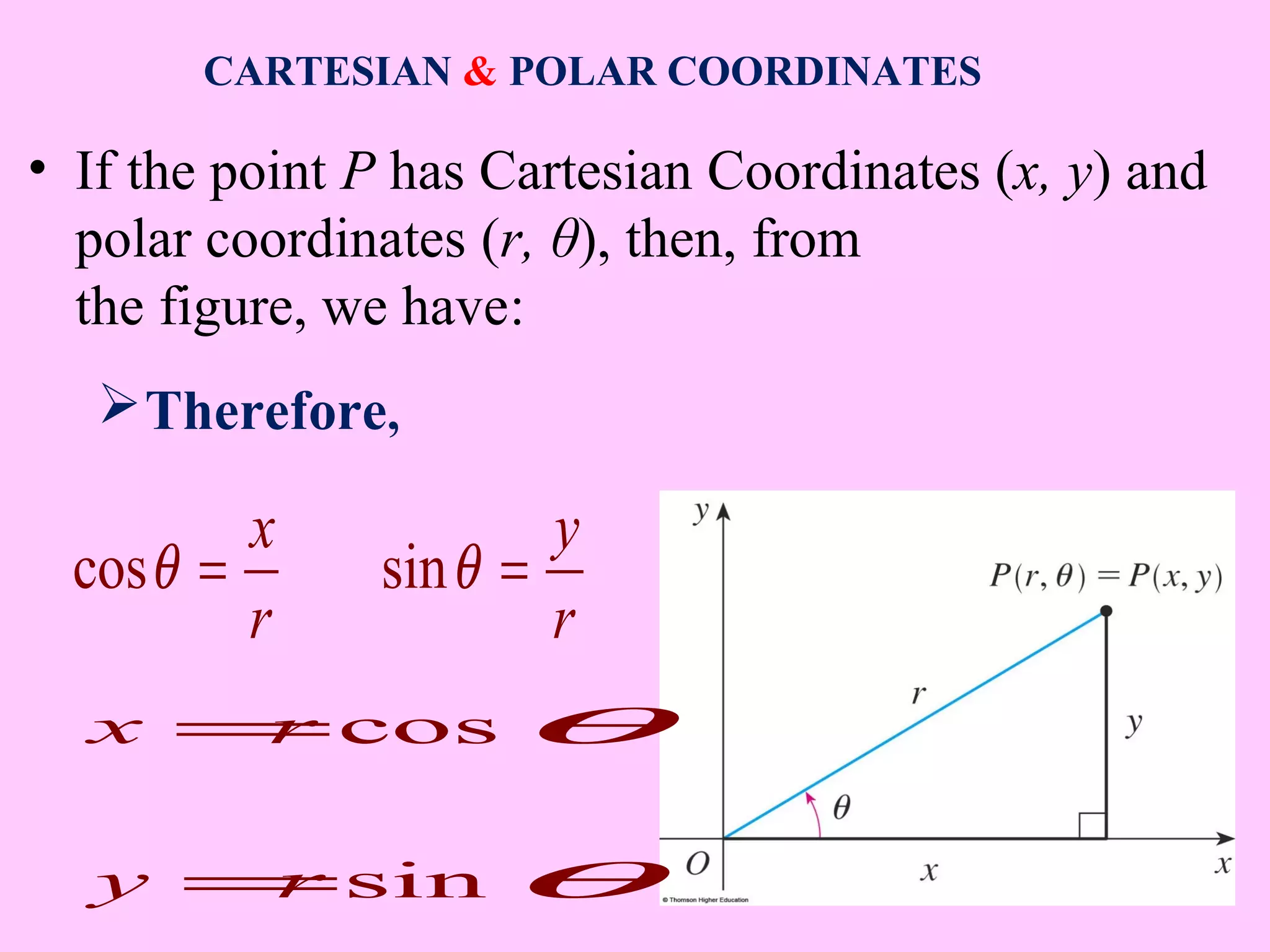 CARTESIAN & POLAR COORDINATES
• If the point P has Cartesian Coordinates (x, y) and
polar coordinates (r, θ), then, from
the figure, we have:
cos sin
x y
r r
θ θ= =
Therefore,
cos
sin
x r
y r
θ
θ
=
=
 