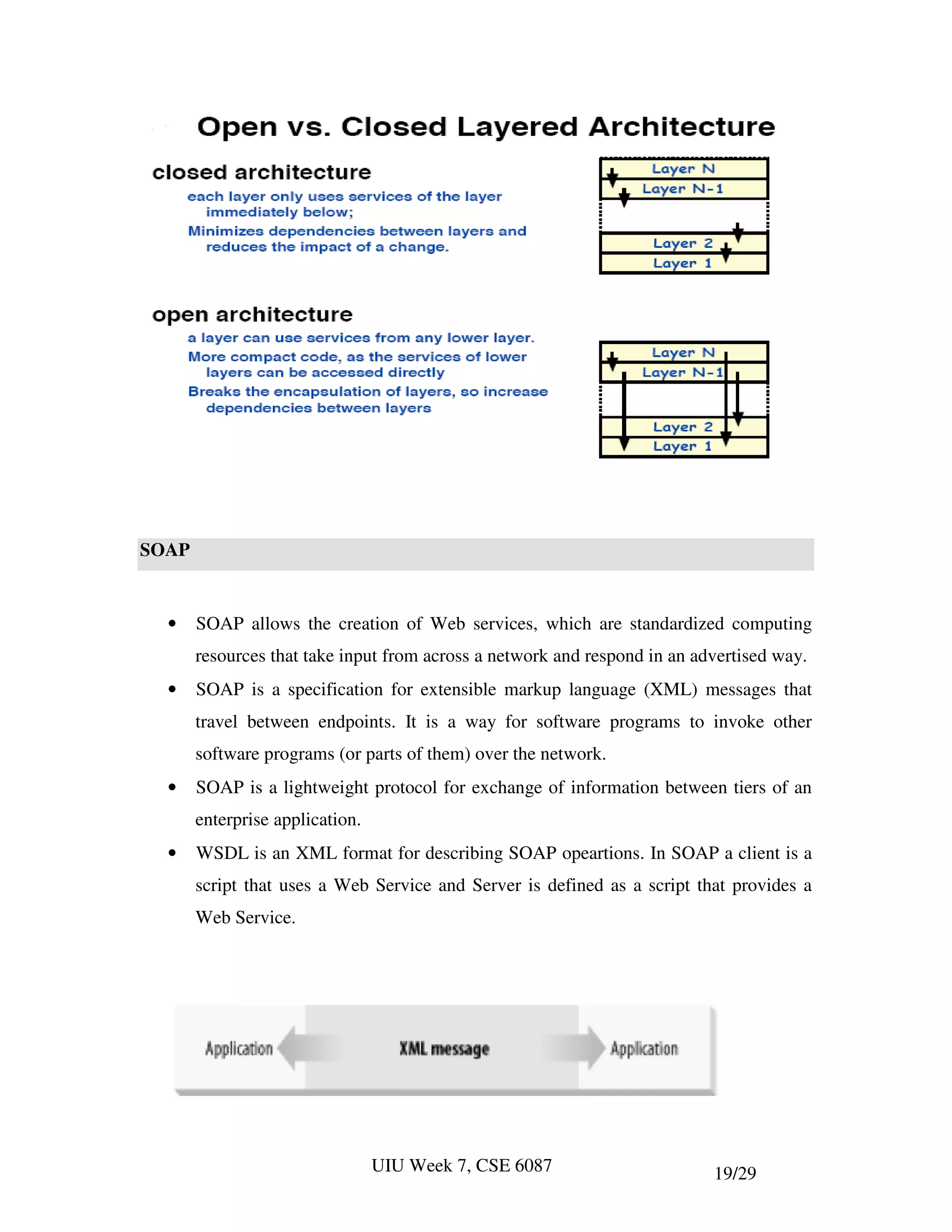 SOAP


  •    SOAP allows the creation of Web services, which are standardized computing
       resources that take input from across a network and respond in an advertised way.
  •    SOAP is a specification for extensible markup language (XML) messages that
       travel between endpoints. It is a way for software programs to invoke other
       software programs (or parts of them) over the network.
  •    SOAP is a lightweight protocol for exchange of information between tiers of an
       enterprise application.
  •    WSDL is an XML format for describing SOAP opeartions. In SOAP a client is a
       script that uses a Web Service and Server is defined as a script that provides a
       Web Service.




                                 UIU Week 7, CSE 6087                      19/29
 
