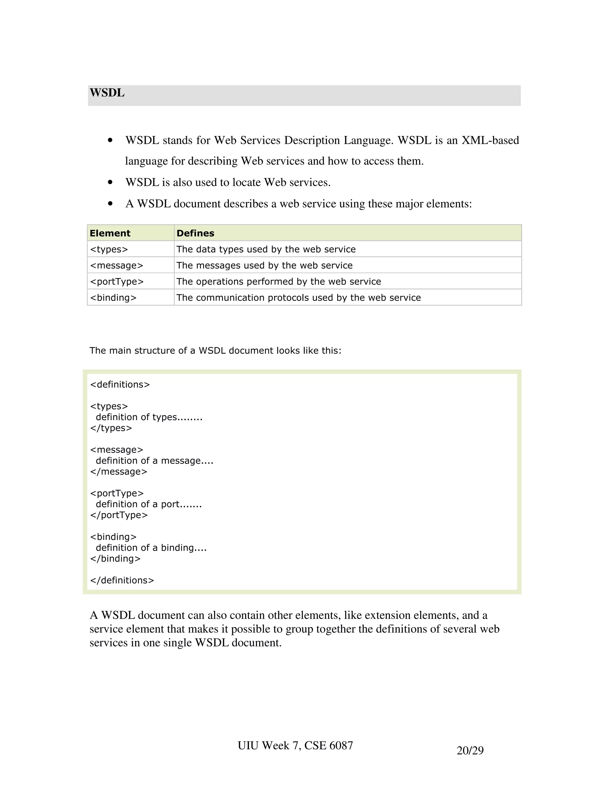 WSDL


    •   WSDL stands for Web Services Description Language. WSDL is an XML-based
        language for describing Web services and how to access them.
    •   WSDL is also used to locate Web services.
    •   A WSDL document describes a web service using these major elements:

Element              Defines
<types>              The data types used by the web service
<message>            The messages used by the web service
<portType>           The operations performed by the web service
<binding>            The communication protocols used by the web service




The main structure of a WSDL document looks like this:


<definitions>

<types>
 definition of types........
</types>

<message>
 definition of a message....
</message>

<portType>
 definition of a port.......
</portType>

<binding>
 definition of a binding....
</binding>

</definitions>


A WSDL document can also contain other elements, like extension elements, and a
service element that makes it possible to group together the definitions of several web
services in one single WSDL document.




                                 UIU Week 7, CSE 6087                        20/29
 