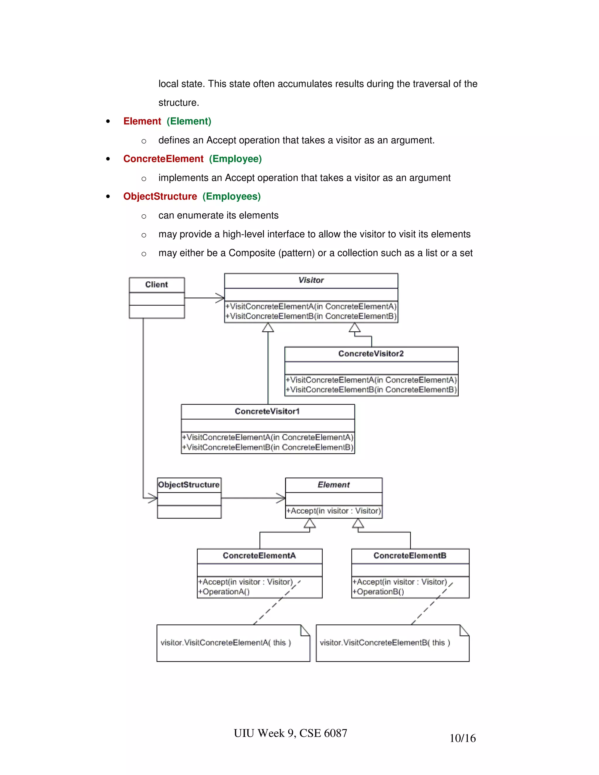 local state. This state often accumulates results during the traversal of the
           structure.
•   Element (Element)
       o   defines an Accept operation that takes a visitor as an argument.
•   ConcreteElement (Employee)
       o   implements an Accept operation that takes a visitor as an argument
•   ObjectStructure (Employees)
       o   can enumerate its elements
       o   may provide a high-level interface to allow the visitor to visit its elements
       o   may either be a Composite (pattern) or a collection such as a list or a set




                             UIU Week 9, CSE 6087                                 10/16
 