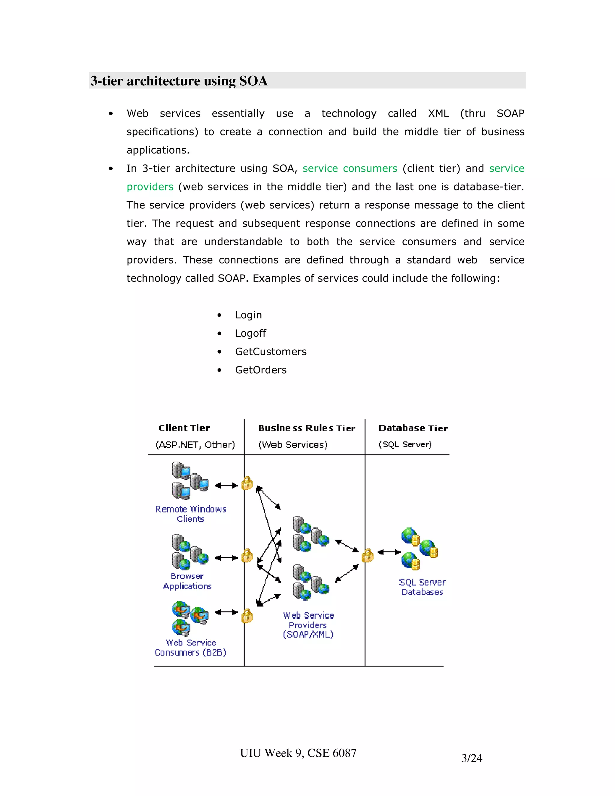 3-tier architecture using SOA

  •   Web   services   essentially   use   a   technology   called   XML   (thru    SOAP
      specifications) to create a connection and build the middle tier of business
      applications.
  •   In 3-tier architecture using SOA, service consumers (client tier) and service
      providers (web services in the middle tier) and the last one is database-tier.
      The service providers (web services) return a response message to the client
      tier. The request and subsequent response connections are defined in some
      way that are understandable to both the service consumers and service
      providers. These connections are defined through a standard web              service
      technology called SOAP. Examples of services could include the following:


                        •   Login
                        •   Logoff
                        •   GetCustomers
                        •   GetOrders




                            UIU Week 9, CSE 6087                           3/24
 
