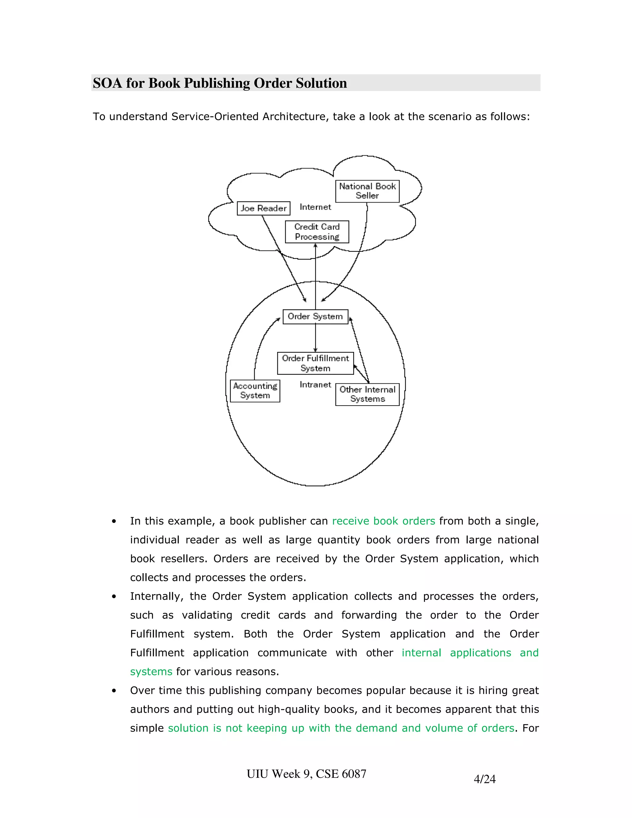 SOA for Book Publishing Order Solution

To understand Service-Oriented Architecture, take a look at the scenario as follows:




   •   In this example, a book publisher can receive book orders from both a single,
       individual reader as well as large quantity book orders from large national
       book resellers. Orders are received by the Order System application, which
       collects and processes the orders.
   •   Internally, the Order System application collects and processes the orders,
       such as validating credit cards and forwarding the order to the Order
       Fulfillment system. Both the Order System application and the Order
       Fulfillment application communicate with other internal applications and
       systems for various reasons.
   •   Over time this publishing company becomes popular because it is hiring great
       authors and putting out high-quality books, and it becomes apparent that this
       simple solution is not keeping up with the demand and volume of orders. For



                             UIU Week 9, CSE 6087                        4/24
 