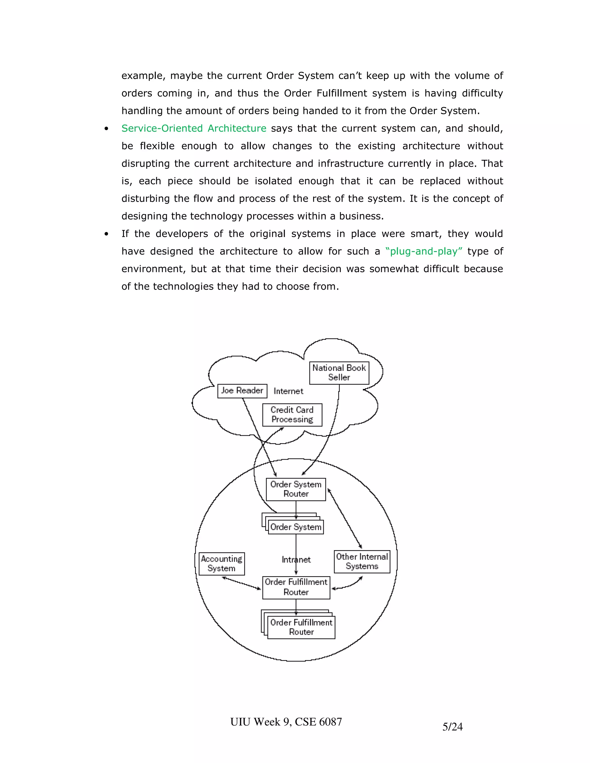 example, maybe the current Order System can’t keep up with the volume of
    orders coming in, and thus the Order Fulfillment system is having difficulty
    handling the amount of orders being handed to it from the Order System.
•   Service-Oriented Architecture says that the current system can, and should,
    be flexible enough to allow changes to the existing architecture without
    disrupting the current architecture and infrastructure currently in place. That
    is, each piece should be isolated enough that it can be replaced without
    disturbing the flow and process of the rest of the system. It is the concept of
    designing the technology processes within a business.
•   If the developers of the original systems in place were smart, they would
    have designed the architecture to allow for such a “plug-and-play” type of
    environment, but at that time their decision was somewhat difficult because
    of the technologies they had to choose from.




                          UIU Week 9, CSE 6087                        5/24
 