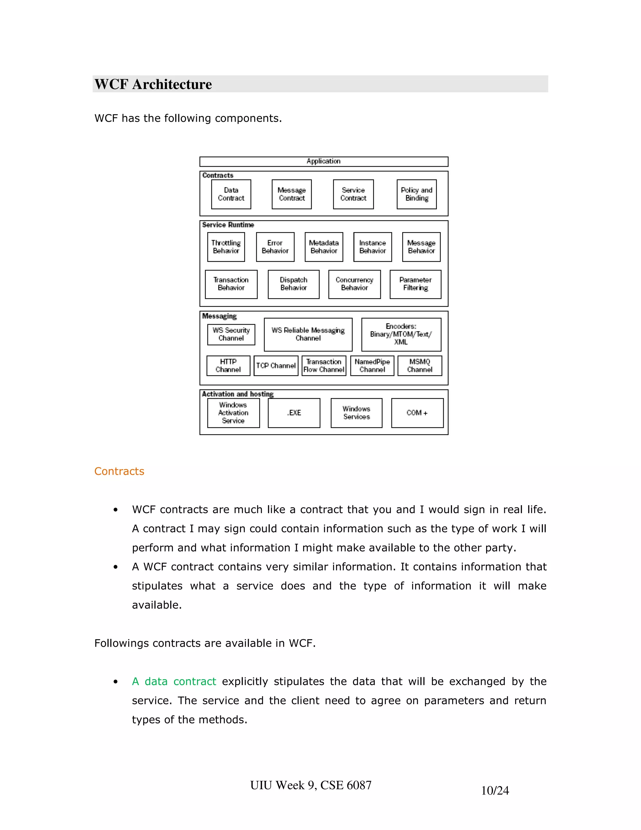 WCF Architecture

WCF has the following components.




Contracts


   •   WCF contracts are much like a contract that you and I would sign in real life.
       A contract I may sign could contain information such as the type of work I will
       perform and what information I might make available to the other party.
   •   A WCF contract contains very similar information. It contains information that
       stipulates what a service does and the type of information it will make
       available.


Followings contracts are available in WCF.


   •   A data contract explicitly stipulates the data that will be exchanged by the
       service. The service and the client need to agree on parameters and return
       types of the methods.




                               UIU Week 9, CSE 6087                      10/24
 