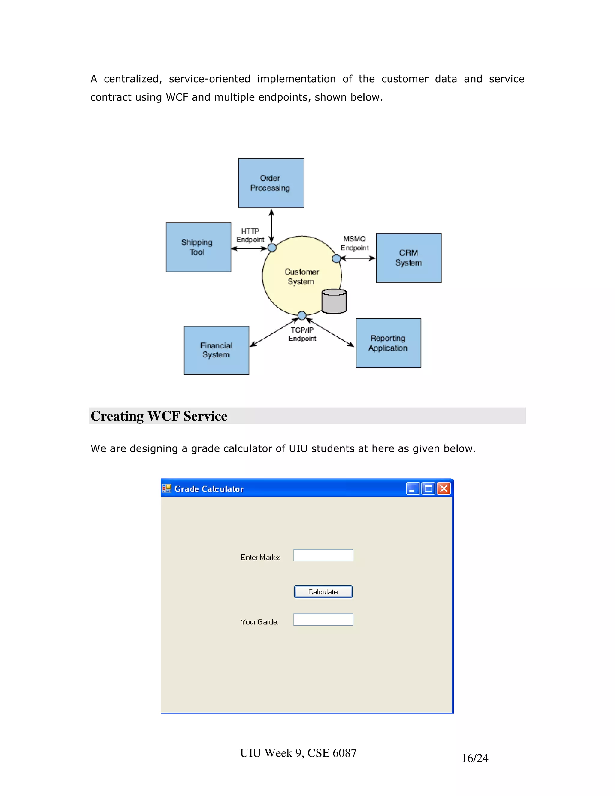 A centralized, service-oriented implementation of the customer data and service
contract using WCF and multiple endpoints, shown below.




Creating WCF Service

We are designing a grade calculator of UIU students at here as given below.




                             UIU Week 9, CSE 6087                       16/24
 