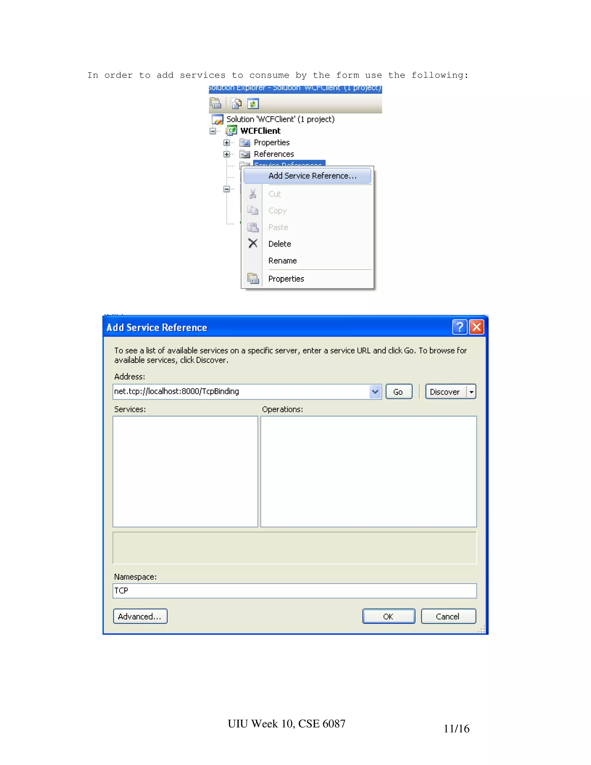 In order to add services to consume by the form use the following:




                        UIU Week 10, CSE 6087                11/16
 