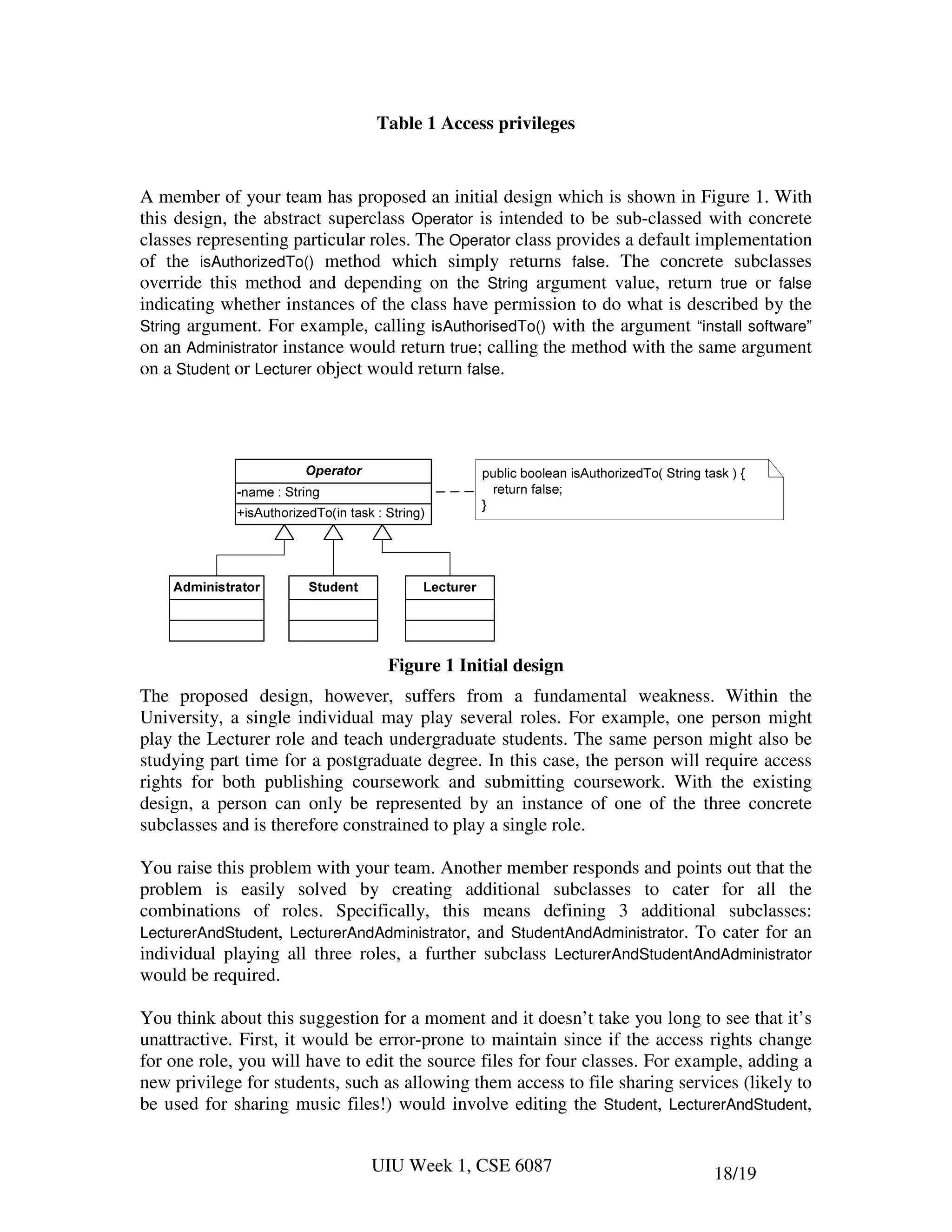 Table 1 Access privileges


A member of your team has proposed an initial design which is shown in Figure 1. With
this design, the abstract superclass Operator is intended to be sub-classed with concrete
classes representing particular roles. The Operator class provides a default implementation
of the isAuthorizedTo() method which simply returns false. The concrete subclasses
override this method and depending on the String argument value, return true or false
indicating whether instances of the class have permission to do what is described by the
String argument. For example, calling isAuthorisedTo() with the argument “install software”
on an Administrator instance would return true; calling the method with the same argument
on a Student or Lecturer object would return false.




                                 Figure 1 Initial design
The proposed design, however, suffers from a fundamental weakness. Within the
University, a single individual may play several roles. For example, one person might
play the Lecturer role and teach undergraduate students. The same person might also be
studying part time for a postgraduate degree. In this case, the person will require access
rights for both publishing coursework and submitting coursework. With the existing
design, a person can only be represented by an instance of one of the three concrete
subclasses and is therefore constrained to play a single role.

You raise this problem with your team. Another member responds and points out that the
problem is easily solved by creating additional subclasses to cater for all the
combinations of roles. Specifically, this means defining 3 additional subclasses:
LecturerAndStudent, LecturerAndAdministrator, and StudentAndAdministrator. To cater for an
individual playing all three roles, a further subclass LecturerAndStudentAndAdministrator
would be required.

You think about this suggestion for a moment and it doesn’t take you long to see that it’s
unattractive. First, it would be error-prone to maintain since if the access rights change
for one role, you will have to edit the source files for four classes. For example, adding a
new privilege for students, such as allowing them access to file sharing services (likely to
be used for sharing music files!) would involve editing the Student, LecturerAndStudent,


                               UIU Week 1, CSE 6087                           18/19
 