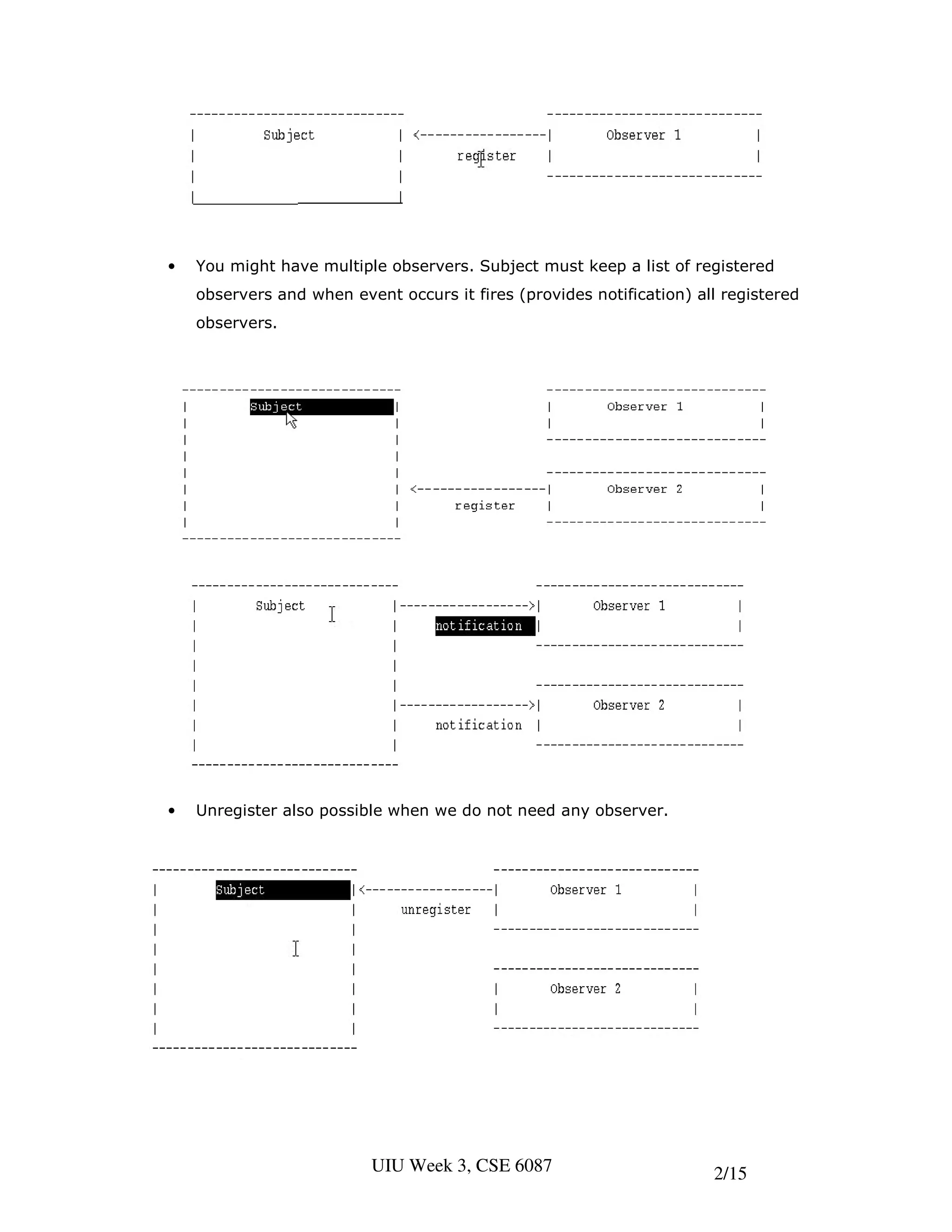 •   You might have multiple observers. Subject must keep a list of registered
    observers and when event occurs it fires (provides notification) all registered
    observers.




•   Unregister also possible when we do not need any observer.




                          UIU Week 3, CSE 6087                         2/15
 