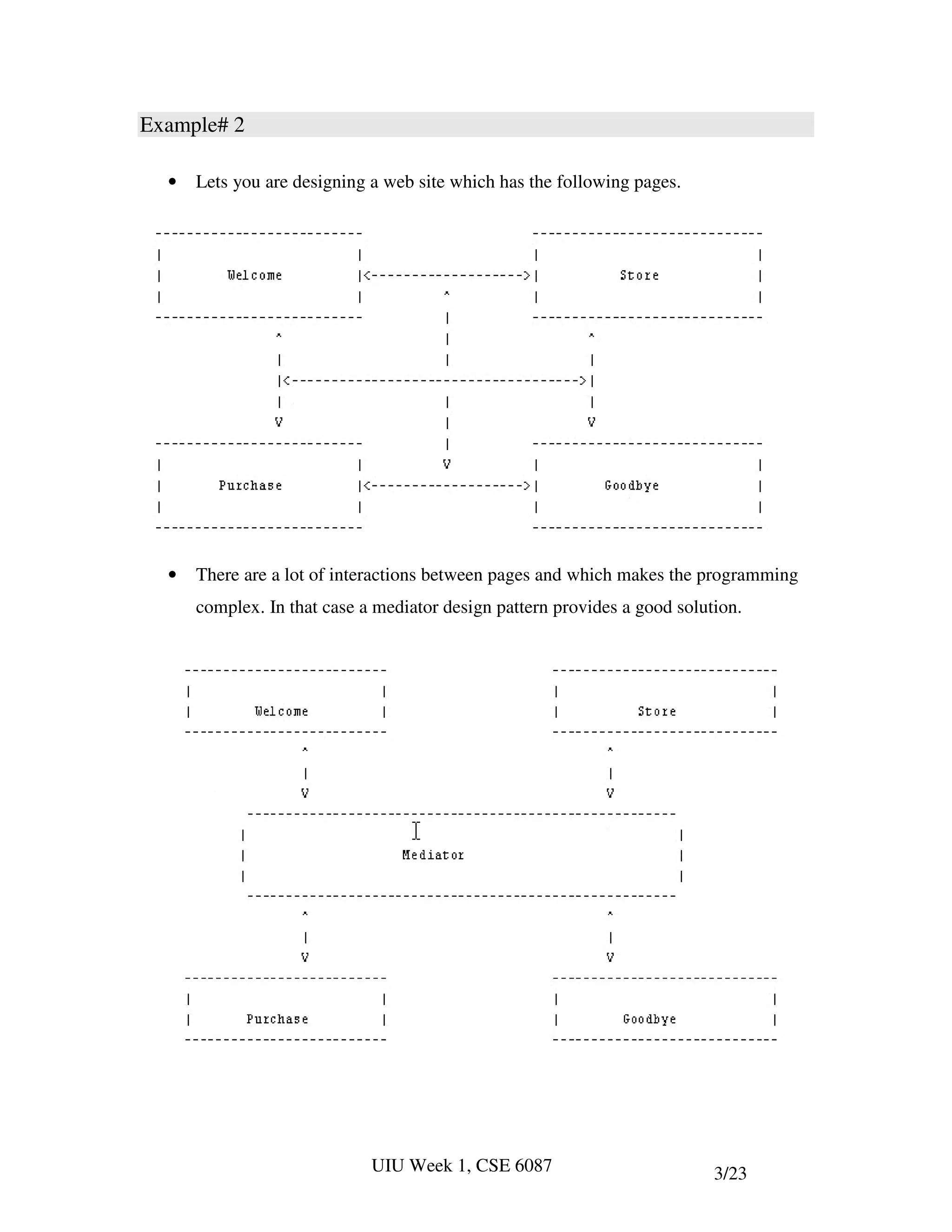 Example# 2

  •   Lets you are designing a web site which has the following pages.




  •   There are a lot of interactions between pages and which makes the programming
      complex. In that case a mediator design pattern provides a good solution.




                             UIU Week 1, CSE 6087                          3/23
 