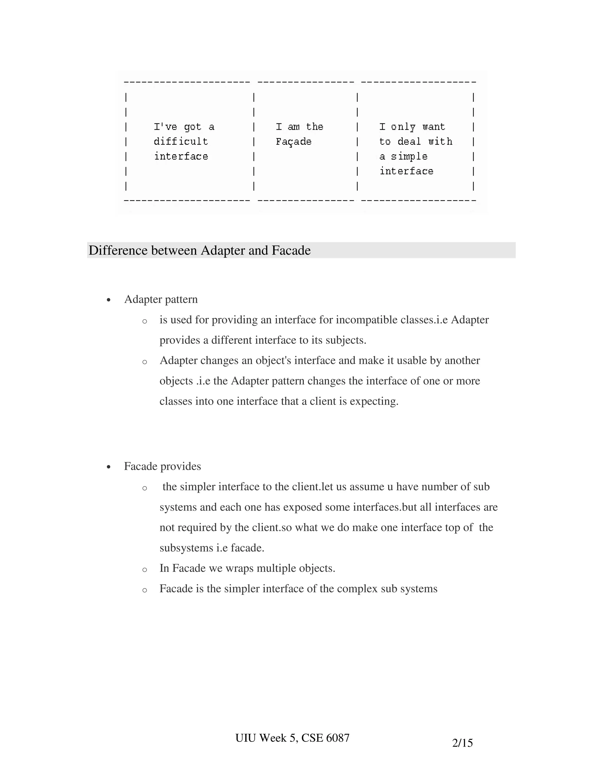 Difference between Adapter and Facade


  •   Adapter pattern
         o   is used for providing an interface for incompatible classes.i.e Adapter
             provides a different interface to its subjects.
         o   Adapter changes an object's interface and make it usable by another
             objects .i.e the Adapter pattern changes the interface of one or more
             classes into one interface that a client is expecting.




  •   Facade provides
         o   the simpler interface to the client.let us assume u have number of sub
             systems and each one has exposed some interfaces.but all interfaces are
             not required by the client.so what we do make one interface top of the
             subsystems i.e facade.
         o   In Facade we wraps multiple objects.
         o   Facade is the simpler interface of the complex sub systems




                              UIU Week 5, CSE 6087                          2/15
 