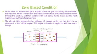 Zero Biased Condition
 In this case, no external voltage is applied to the P-N junction diode; and therefore,
the electrons diffuse to the P-side and simultaneously holes diffuse towards the N-side
through the junction, and then combine with each other. Due to this an electric field
is generated by these charge carriers.
 The electric field opposes further diffusion of charged carriers so that there is no
movement in the middle region. This region is known as depletion width or space
charge.
 