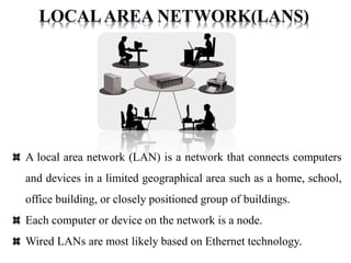 A local area network (LAN) is a network that connects computers
and devices in a limited geographical area such as a home, school,
office building, or closely positioned group of buildings.
Each computer or device on the network is a node.
Wired LANs are most likely based on Ethernet technology.
 