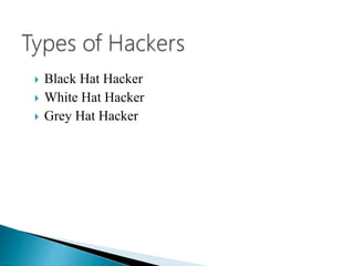 Black Hat Hacker
 White Hat Hacker
 Grey Hat Hacker
 