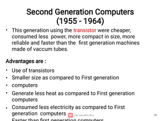 15
Second Generation Computers
(1955 - 1964)
• This generation using the transistor were cheaper,
consumed less power, more compact in size, more
reliable and faster than the ﬁrst generation machines
made of vaccum tubes.
Advantages are :
•
•
•
•
•
Use of transistors
Smaller size as compared to First generation
computers
Generate less heat as compared to First generation
computers
Consumed less electricity as compared to First
generation computers
 