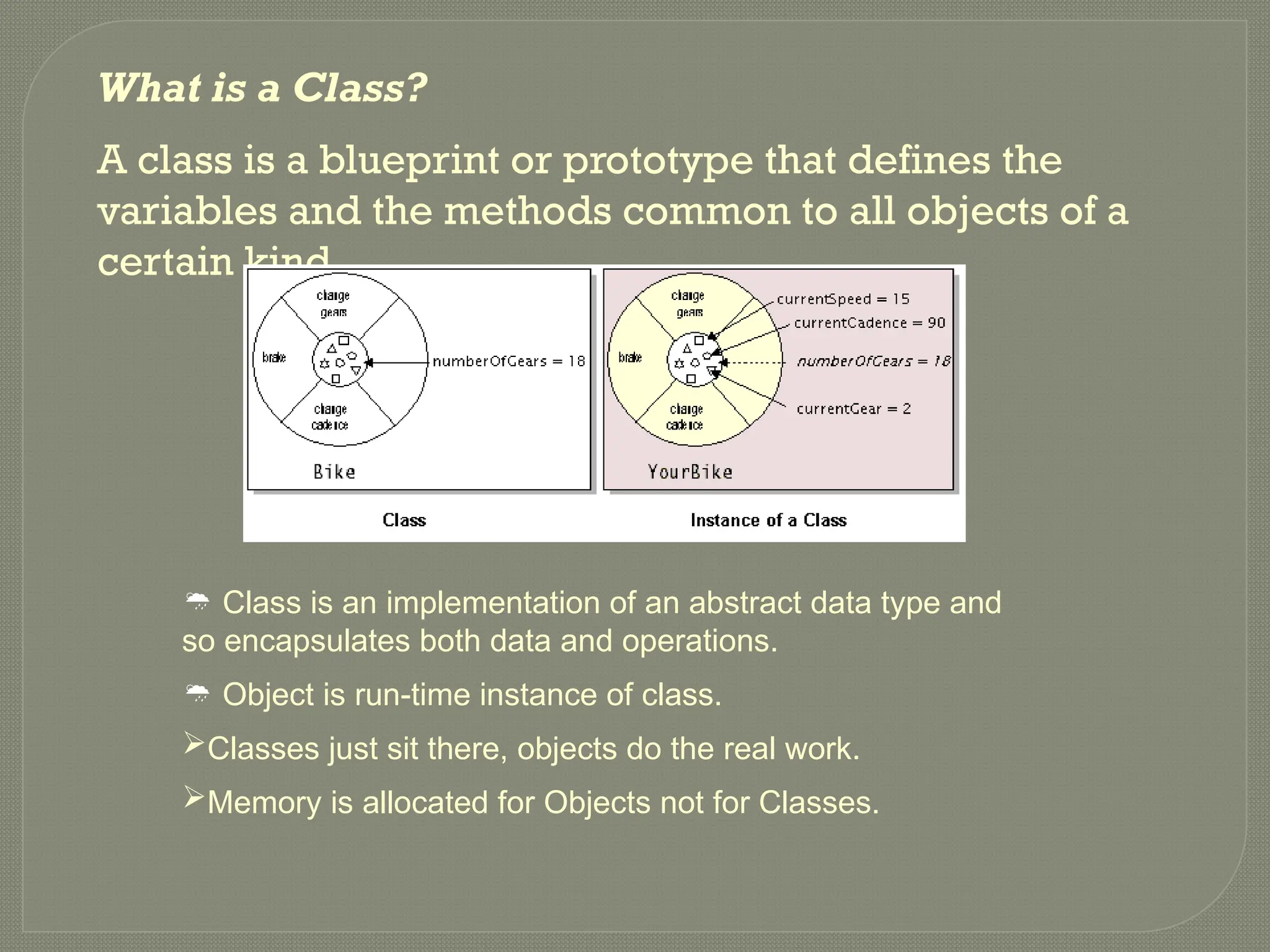 What is a Class?
A class is a blueprint or prototype that defines the
variables and the methods common to all objects of a
certain kind.
 Class is an implementation of an abstract data type and
so encapsulates both data and operations.
 Object is run-time instance of class.
Classes just sit there, objects do the real work.
Memory is allocated for Objects not for Classes.
 