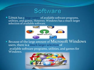  Linux has a large variety of available software programs,
  utilities, and games. However, Windows has a much larger
  selection of available software.




 Because of the large amount of Microsoft Windows
  users, there is a much larger selection of
   available software programs, utilities, and games for
  Windows.
 