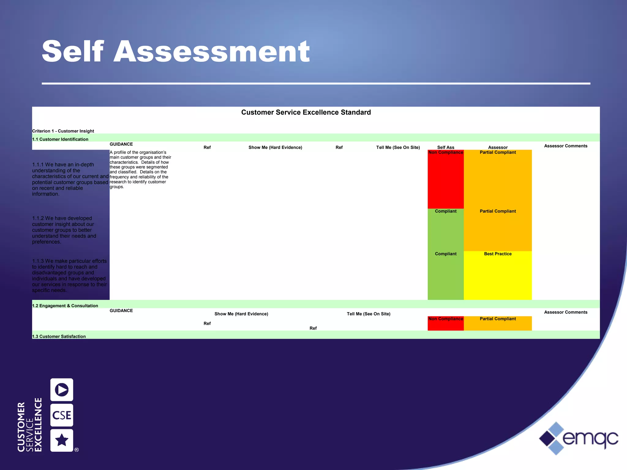 Self Assessment
Customer Service Excellence Standard
Criterion 1 - Customer Insight
1.1 Customer Identification
GUIDANCE
Ref Show Me (Hard Evidence) Ref Tell Me (See On Site) Self Ass Assessor Assessor Comments
1.1.1 We have an in-depth
understanding of the
characteristics of our current and
potential customer groups based
on recent and reliable
information.
A profile of the organisation’s
main customer groups and their
characteristics. Details of how
these groups were segmented
and classified. Details on the
frequency and reliability of the
research to identify customer
groups.
Non Compliance Partial Compliant
1.1.2 We have developed
customer insight about our
customer groups to better
understand their needs and
preferences.
Compliant Partial Compliant
1.1.3 We make particular efforts
to identify hard to reach and
disadvantaged groups and
individuals and have developed
our services in response to their
specific needs.
Compliant Best Practice
1.2 Engagement & Consultation
GUIDANCE
Show Me (Hard Evidence) Tell Me (See On Site) Assessor Comments
Ref
Ref
Non Compliance Partial Compliant
1.3 Customer Satisfaction
 