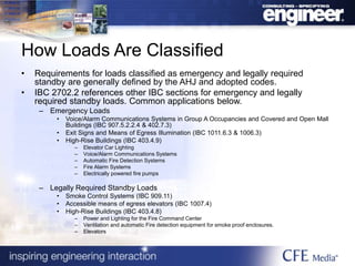How Loads Are Classified
• Requirements for loads classified as emergency and legally required
standby are generally defined by the AHJ and adopted codes.
• IBC 2702.2 references other IBC sections for emergency and legally
required standby loads. Common applications below.
– Emergency Loads
• Voice/Alarm Communications Systems in Group A Occupancies and Covered and Open Mall
Buildings (IBC 907.5.2.2.4 & 402.7.3)
• Exit Signs and Means of Egress Illumination (IBC 1011.6.3 & 1006.3)
• High-Rise Buildings (IBC 403.4.9)
– Elevator Car Lighting
– Voice/Alarm Communications Systems
– Automatic Fire Detection Systems
– Fire Alarm Systems
– Electrically powered fire pumps
– Legally Required Standby Loads
• Smoke Control Systems (IBC 909.11)
• Accessible means of egress elevators (IBC 1007.4)
• High-Rise Buildings (IBC 403.4.8)
– Power and Lighting for the Fire Command Center
– Ventilation and automatic Fire detection equipment for smoke proof enclosures.
– Elevators
 
