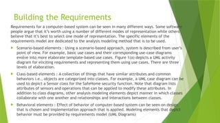 Building the Requirements
Requirements for a computer-based system can be seen in many different ways. Some software
people argue that it’s worth using a number of different modes of representation while others
believe that it’s best to select one mode of representation. The specific elements of the
requirements model are dedicated to the analysis modeling method that is to be used.
 Scenario-based elements : Using a scenario-based approach, system is described from user’s
point of view. For example, basic use cases and their corresponding use-case diagrams
evolve into more elaborate template-based use cases. Figure 1(a) depicts a UML activity
diagram for eliciting requirements and representing them using use cases. There are three
levels of elaboration.
 Class-based elements : A collection of things that have similar attributes and common
behaviors i.e., objects are categorized into classes. For example, a UML case diagram can be
used to depict a Sensor class for the SafeHome security function. Note that diagram lists
attributes of sensors and operations that can be applied to modify these attributes. In
addition to class diagrams, other analysis modeling elements depict manner in which classes
collaborate with one another and relationships and interactions between classes.
 Behavioral elements : Effect of behavior of computer-based system can be seen on design
that is chosen and implementation approach that is applied. Modeling elements that depict
behavior must be provided by requirements model (UML Diagrams)
 