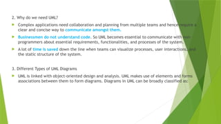 2. Why do we need UML?
 Complex applications need collaboration and planning from multiple teams and hence require a
clear and concise way to communicate amongst them.
 Businessmen do not understand code. So UML becomes essential to communicate with non-
programmers about essential requirements, functionalities, and processes of the system.
 A lot of time is saved down the line when teams can visualize processes, user interactions, and
the static structure of the system.
3. Different Types of UML Diagrams
 UML is linked with object-oriented design and analysis. UML makes use of elements and forms
associations between them to form diagrams. Diagrams in UML can be broadly classified as:
 
