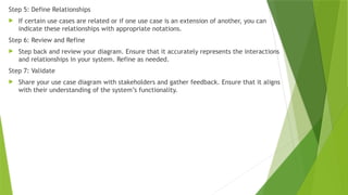 Step 5: Define Relationships
 If certain use cases are related or if one use case is an extension of another, you can
indicate these relationships with appropriate notations.
Step 6: Review and Refine
 Step back and review your diagram. Ensure that it accurately represents the interactions
and relationships in your system. Refine as needed.
Step 7: Validate
 Share your use case diagram with stakeholders and gather feedback. Ensure that it aligns
with their understanding of the system’s functionality.
 